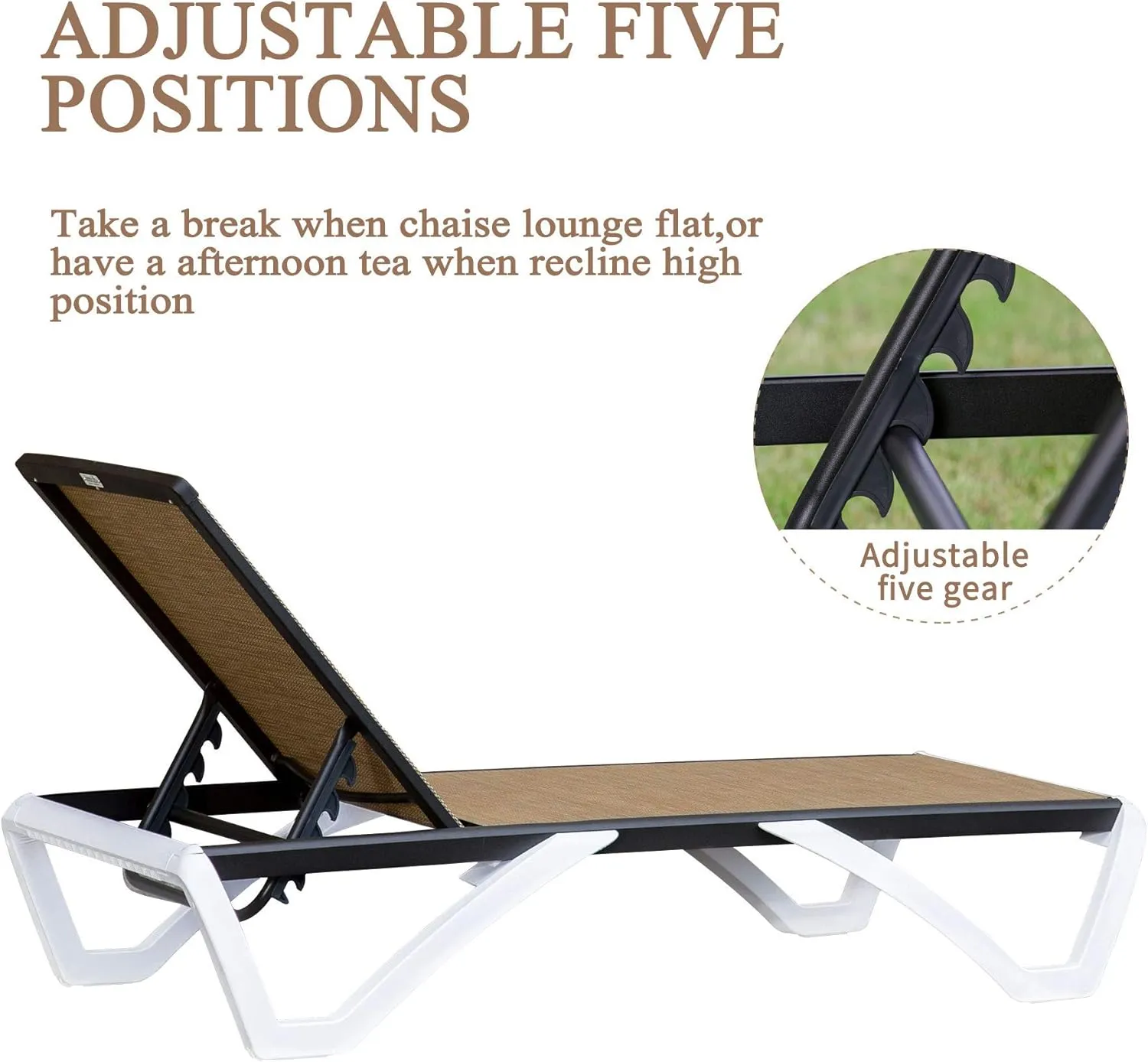 Domi Pool Lounge Chair Aluminum Adjustable Outdoor Chaise Lounge,All Weather Plastic Poolside Lounge Chair for Deck Lawn Backyard, Brown Textilene