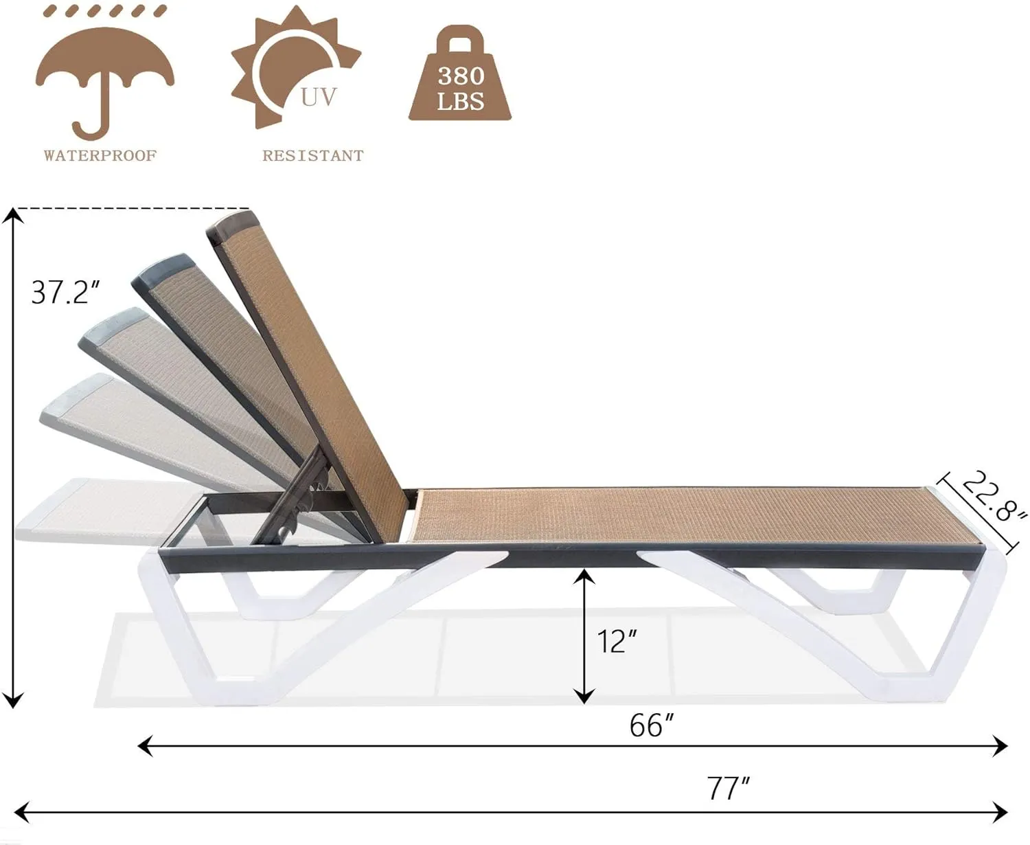 Domi Pool Lounge Chair Aluminum Adjustable Outdoor Chaise Lounge,All Weather Plastic Poolside Lounge Chair for Deck Lawn Backyard, Brown Textilene