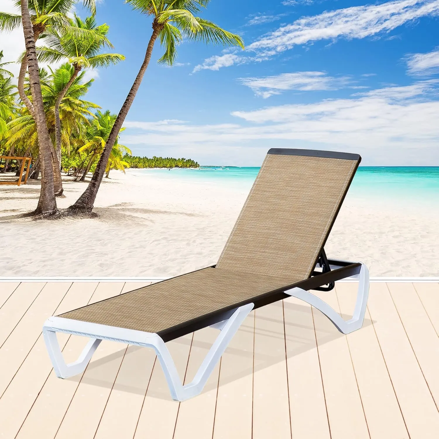 Domi Pool Lounge Chair Aluminum Adjustable Outdoor Chaise Lounge,All Weather Plastic Poolside Lounge Chair for Deck Lawn Backyard, Brown Textilene