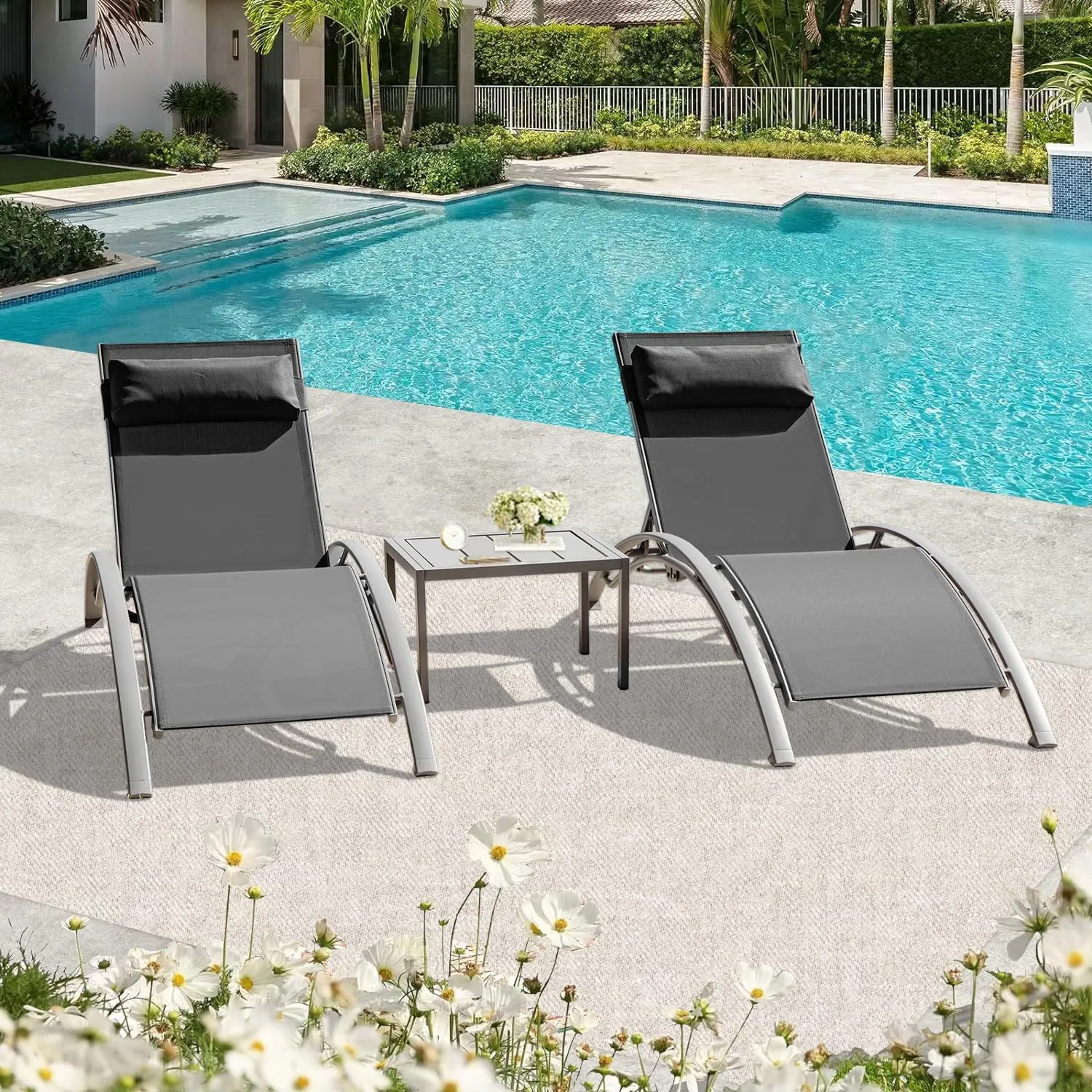 Domi Pool Lounge Chairs Set of 3, Adjustable Aluminum Outdoor Chaise Lounge Chairs with Metal Side Table, All Weather for Deck Lawn Poolside Backyard -Dark Grey Textilene