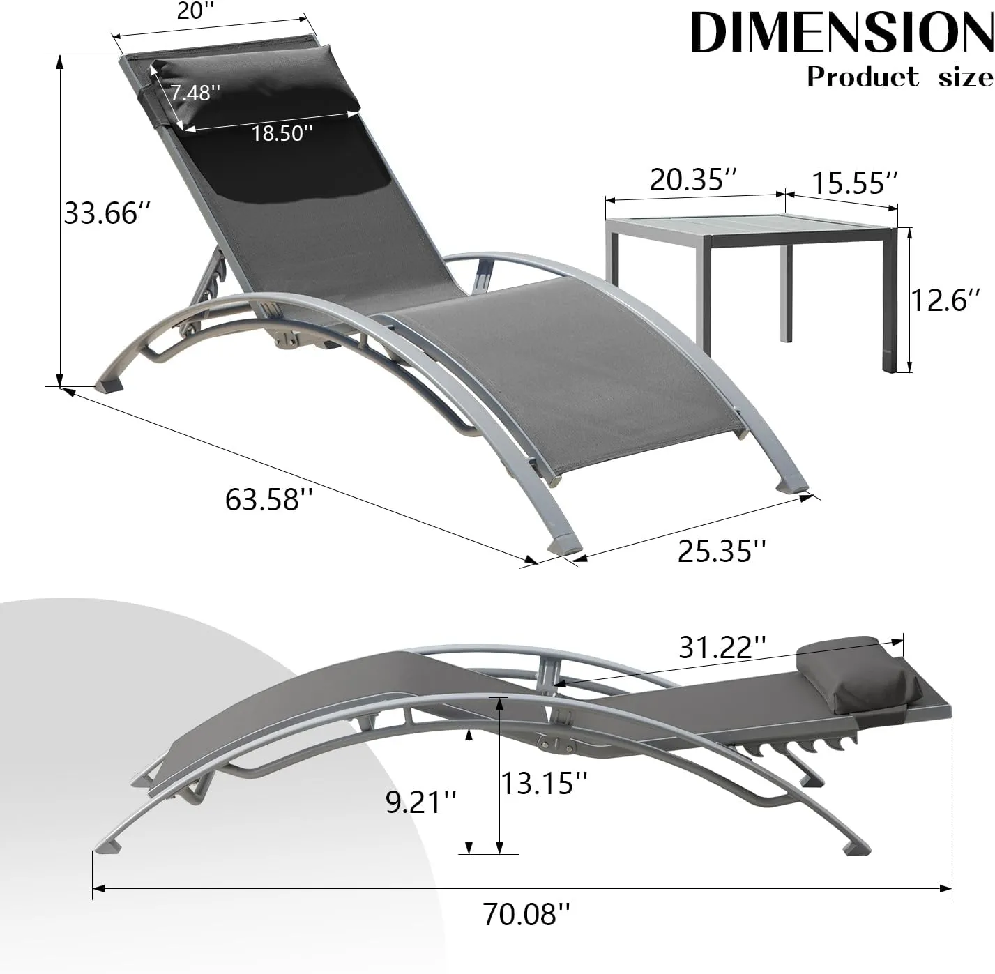 Domi Pool Lounge Chairs Set of 3, Adjustable Aluminum Outdoor Chaise Lounge Chairs with Metal Side Table, All Weather for Deck Lawn Poolside Backyard -Dark Grey Textilene