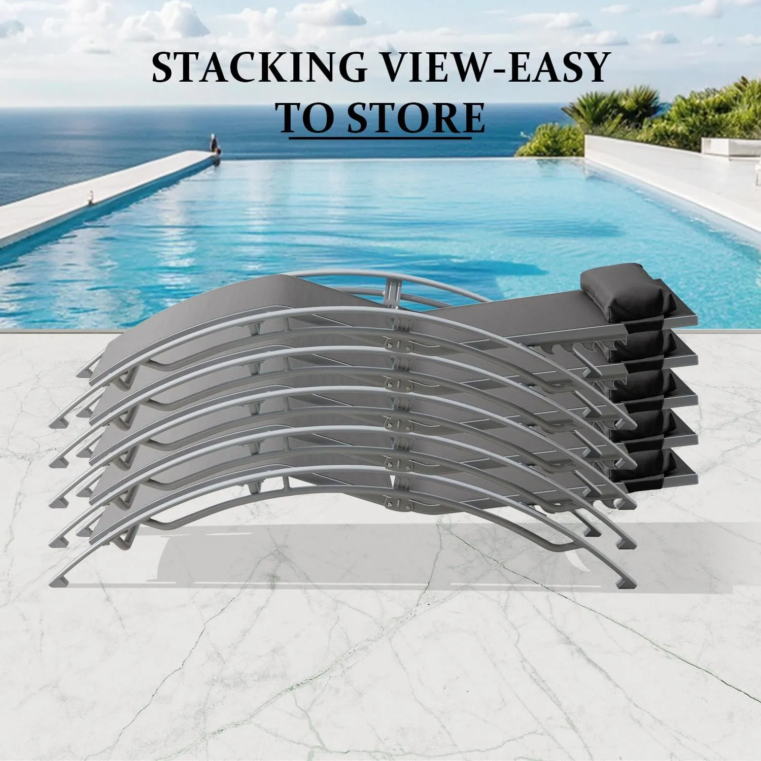 Domi Pool Lounge Chairs Set of 3, Adjustable Aluminum Outdoor Chaise Lounge Chairs with Metal Side Table, All Weather for Deck Lawn Poolside Backyard -Dark Grey Textilene