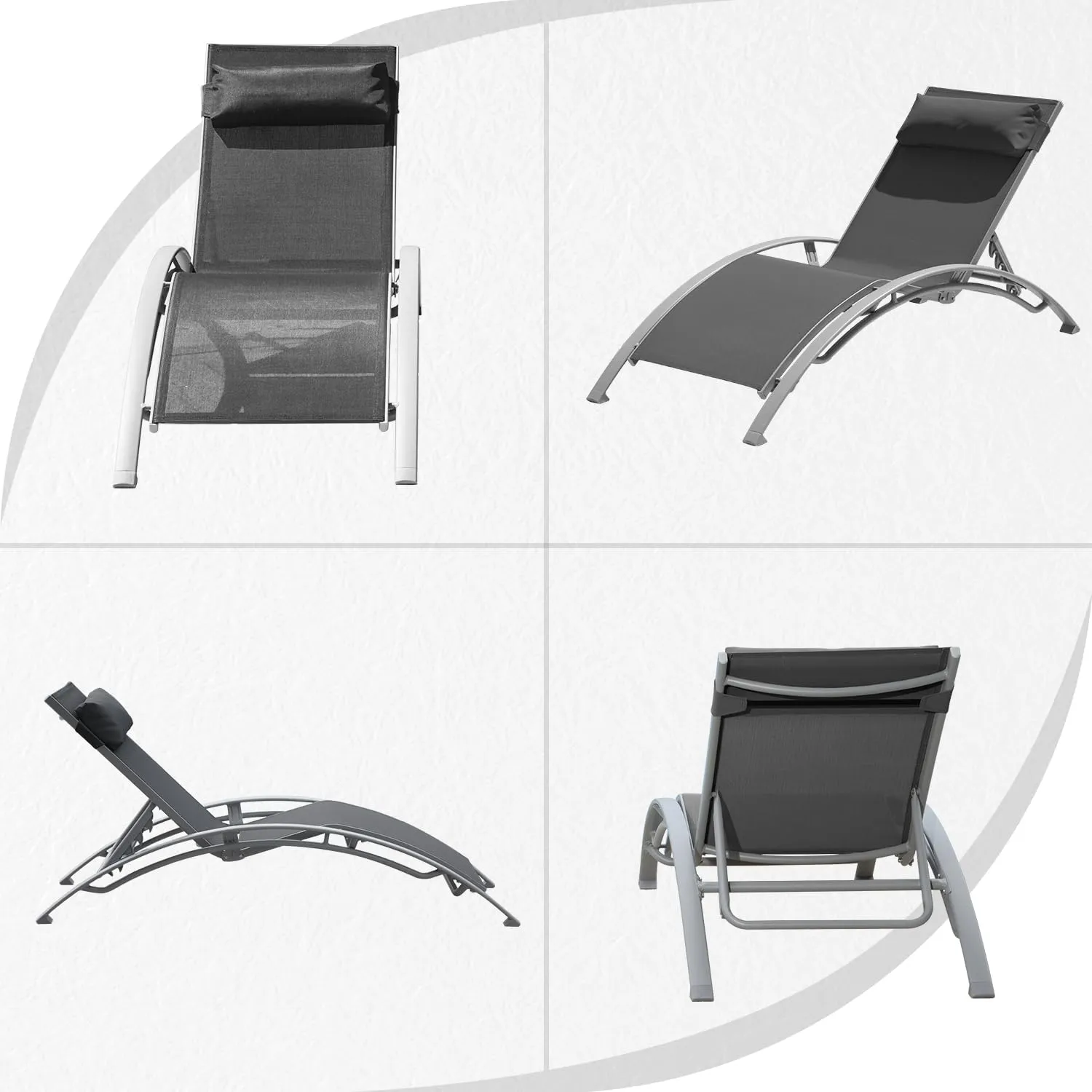 Domi Pool Lounge Chairs Set of 3, Adjustable Aluminum Outdoor Chaise Lounge Chairs with Metal Side Table, All Weather for Deck Lawn Poolside Backyard -Dark Grey Textilene