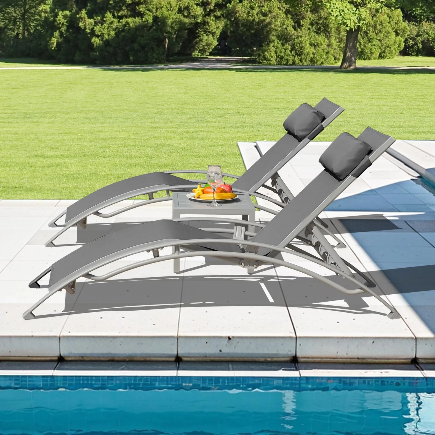 Domi Pool Lounge Chairs Set of 3, Adjustable Aluminum Outdoor Chaise Lounge Chairs with Metal Side Table, All Weather for Deck Lawn Poolside Backyard -Dark Grey Textilene