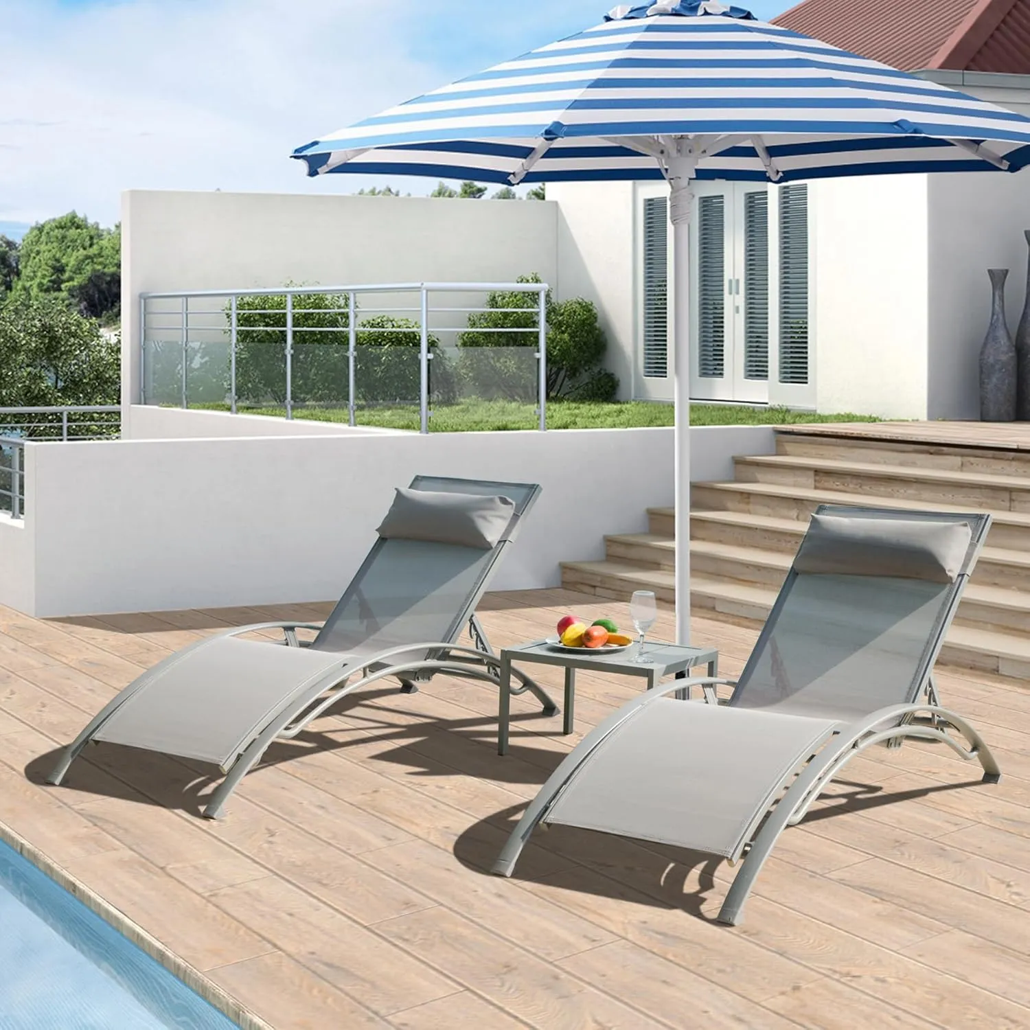 Domi Pool Lounge Chairs Set of 3, Adjustable Aluminum Outdoor Chaise Lounge Chairs with Metal Side Table, All Weather for Deck Lawn Poolside Backyard -Grey Textilene