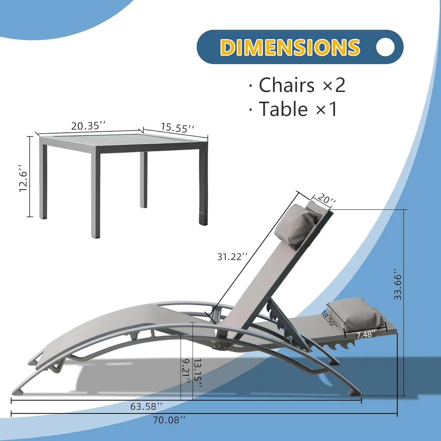 Domi Pool Lounge Chairs Set of 3, Adjustable Aluminum Outdoor Chaise Lounge Chairs with Metal Side Table, All Weather for Deck Lawn Poolside Backyard -Grey Textilene