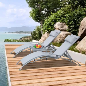 Domi Pool Lounge Chairs Set of 3, Adjustable Aluminum Outdoor Chaise Lounge Chairs with Metal Side Table, All Weather for Deck Lawn Poolside Backyard -Grey Textilene