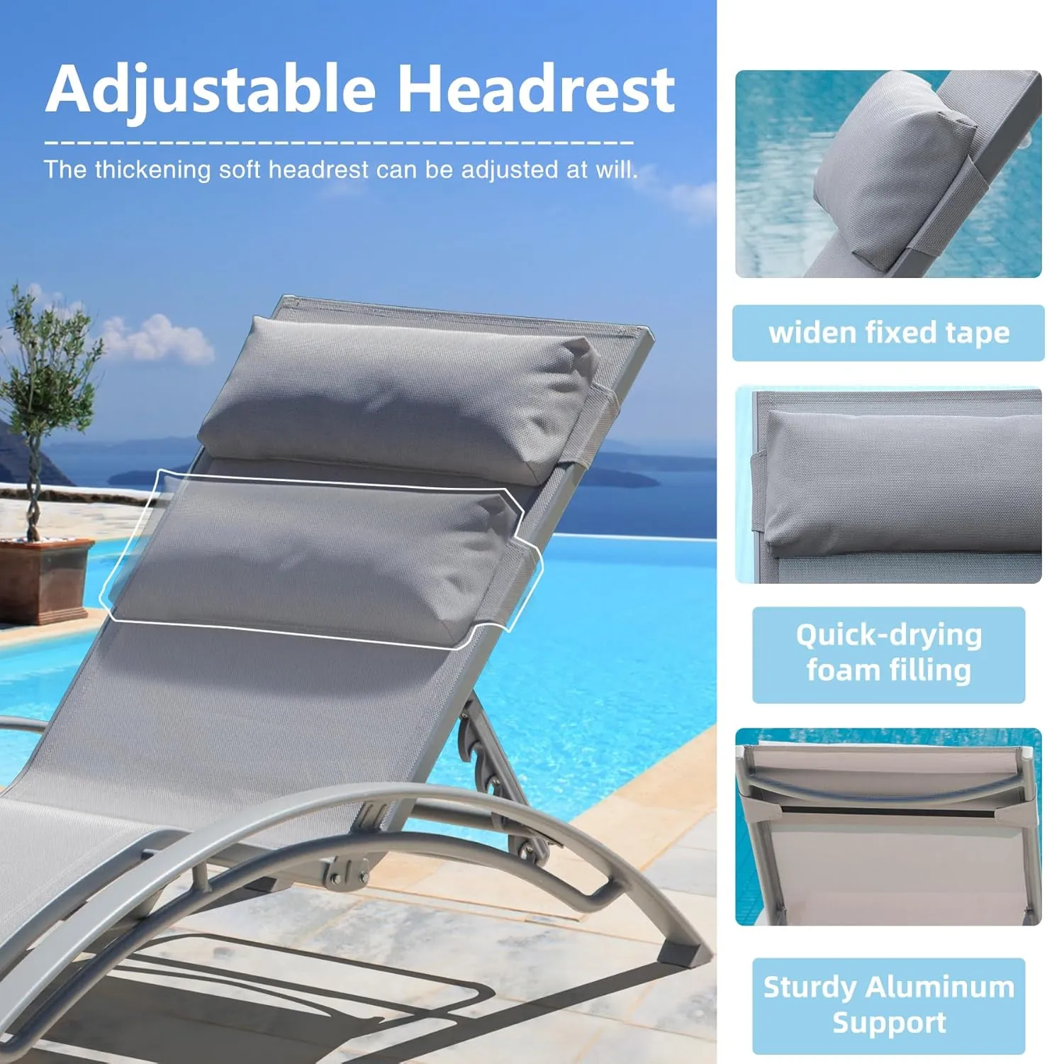 Domi Pool Lounge Chairs Set of 3, Adjustable Aluminum Outdoor Chaise Lounge Chairs with Metal Side Table, All Weather for Deck Lawn Poolside Backyard -Grey Textilene