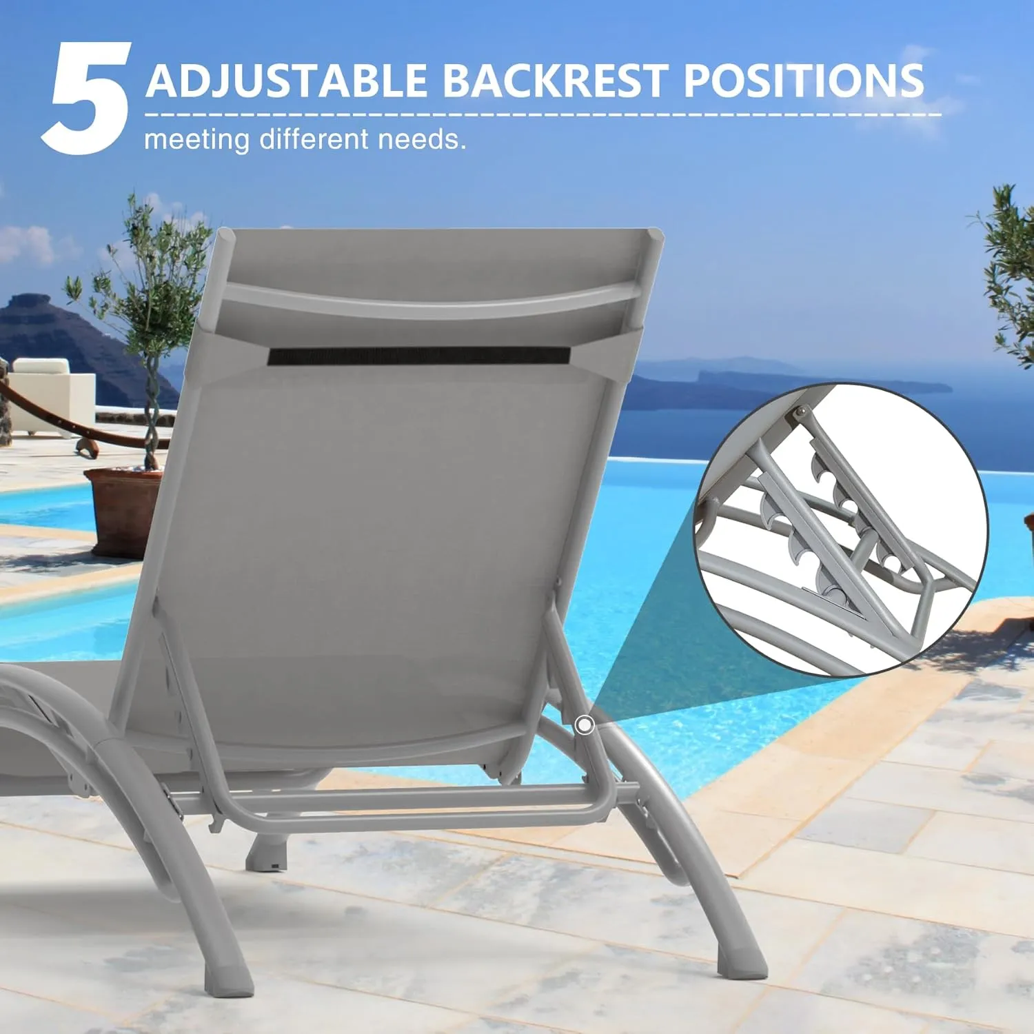 Domi Pool Lounge Chairs Set of 3, Adjustable Aluminum Outdoor Chaise Lounge Chairs with Metal Side Table, All Weather for Deck Lawn Poolside Backyard -Grey Textilene