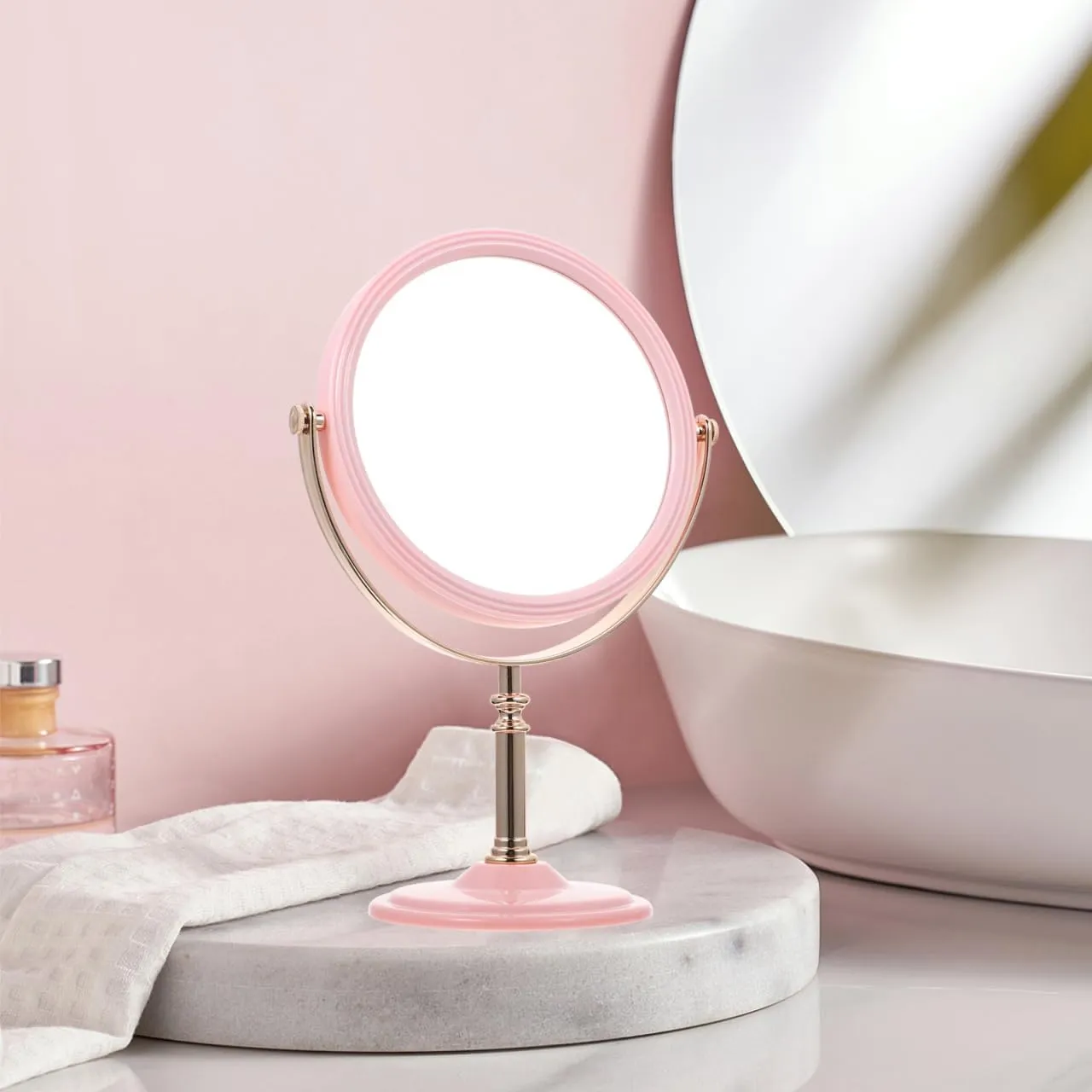 Double Sided Vanity Mirror - Portable Travel Makeup Mirror with Lights - Aluminum Frame, Pink