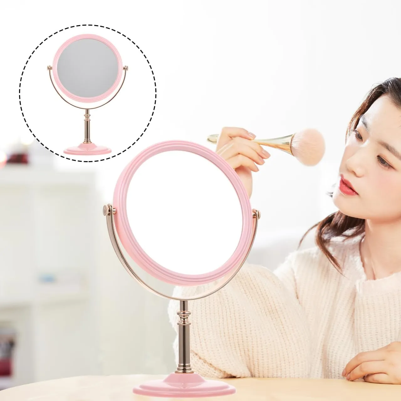 Double Sided Vanity Mirror - Portable Travel Makeup Mirror with Lights - Aluminum Frame, Pink