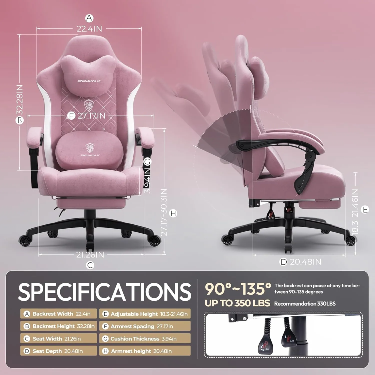 Dowinx Fabric Gaming Chair with Heated Massage Lumbar Support, Game Chairs for Adults, Big and Tall with Pocket Spring Cushion and Footrest, High Back PC Chair for Adult, Rose