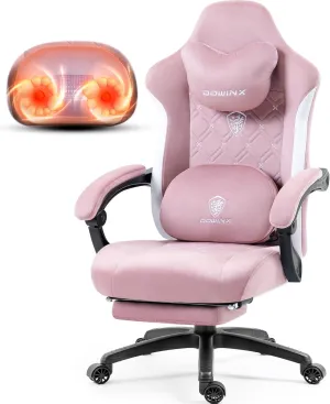 Dowinx Fabric Gaming Chair with Heated Massage Lumbar Support, Game Chairs for Adults, Big and Tall with Pocket Spring Cushion and Footrest, High Back PC Chair for Adult, Rose