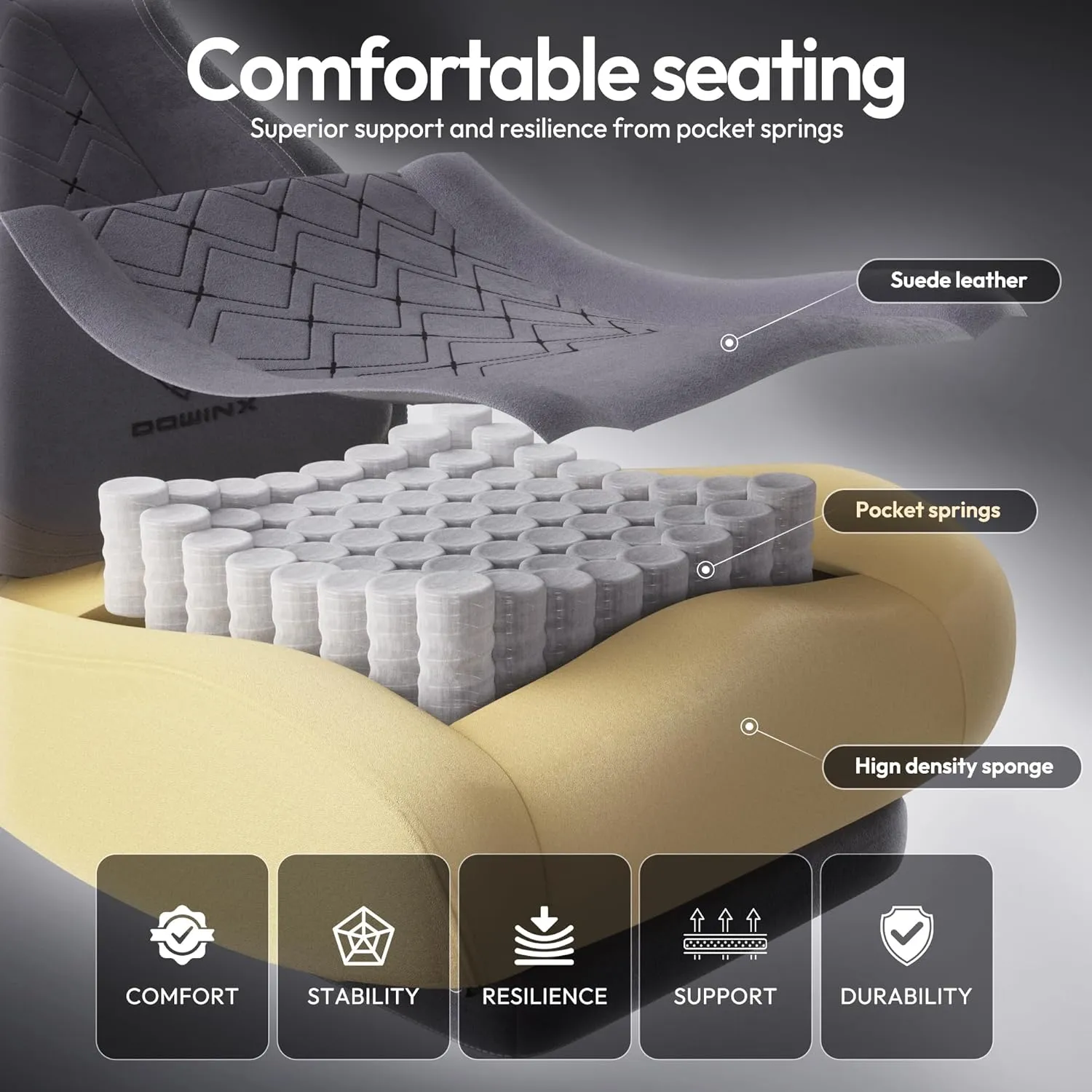 Dowinx Fabric Gaming Chair with Heated Massage Lumbar Support, Gamer Chairs for Adults, Big and Tall Game Chair with Pocket Spring Cushion and Footrest, Recliner High Back Chairs for Adult,Grey