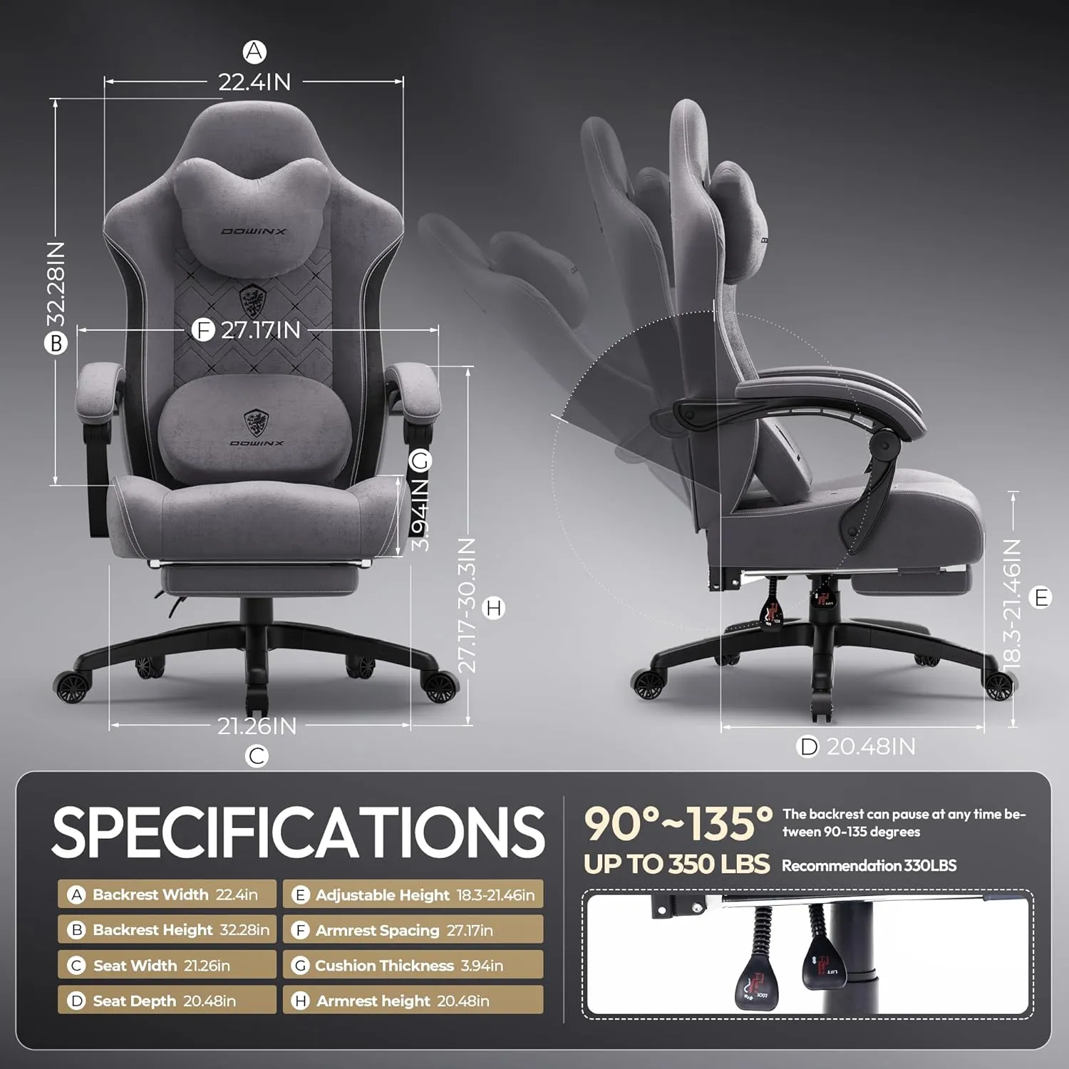 Dowinx Fabric Gaming Chair with Heated Massage Lumbar Support, Gamer Chairs for Adults, Big and Tall Game Chair with Pocket Spring Cushion and Footrest, Recliner High Back Chairs for Adult,Grey