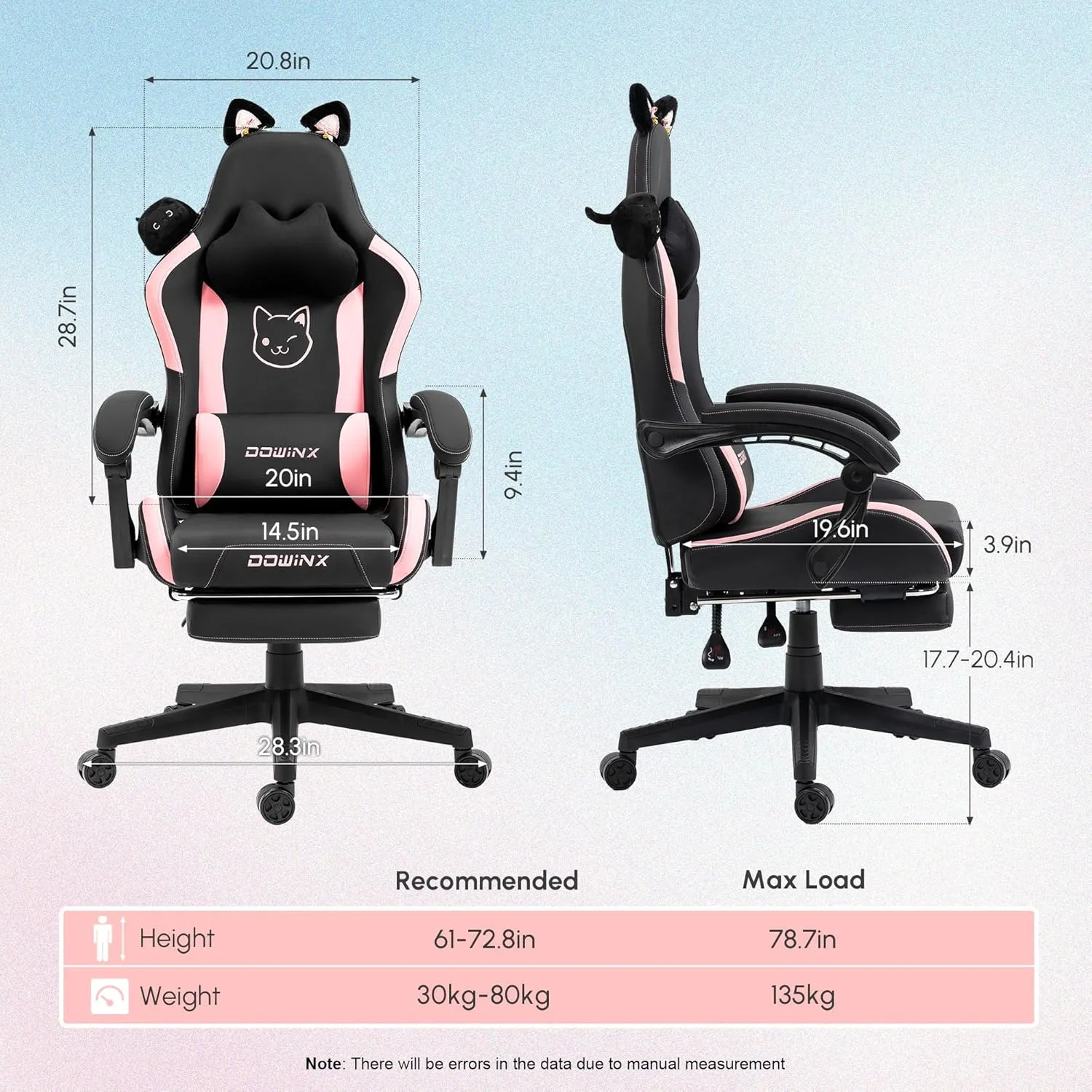 Dowinx Gaming Chair Cute with Cat Ears and Massage Lumbar Support, Ergonomic Computer Chair for Girl with Footrest and Headrest, Comfortable Reclining Game Chair 290lbs for Adult, Teen, Black Cat
