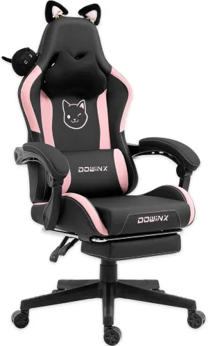 Dowinx Gaming Chair Cute with Cat Ears and Massage Lumbar Support, Ergonomic Computer Chair for Girl with Footrest and Headrest, Comfortable Reclining Game Chair 290lbs for Adult, Teen, Black Cat