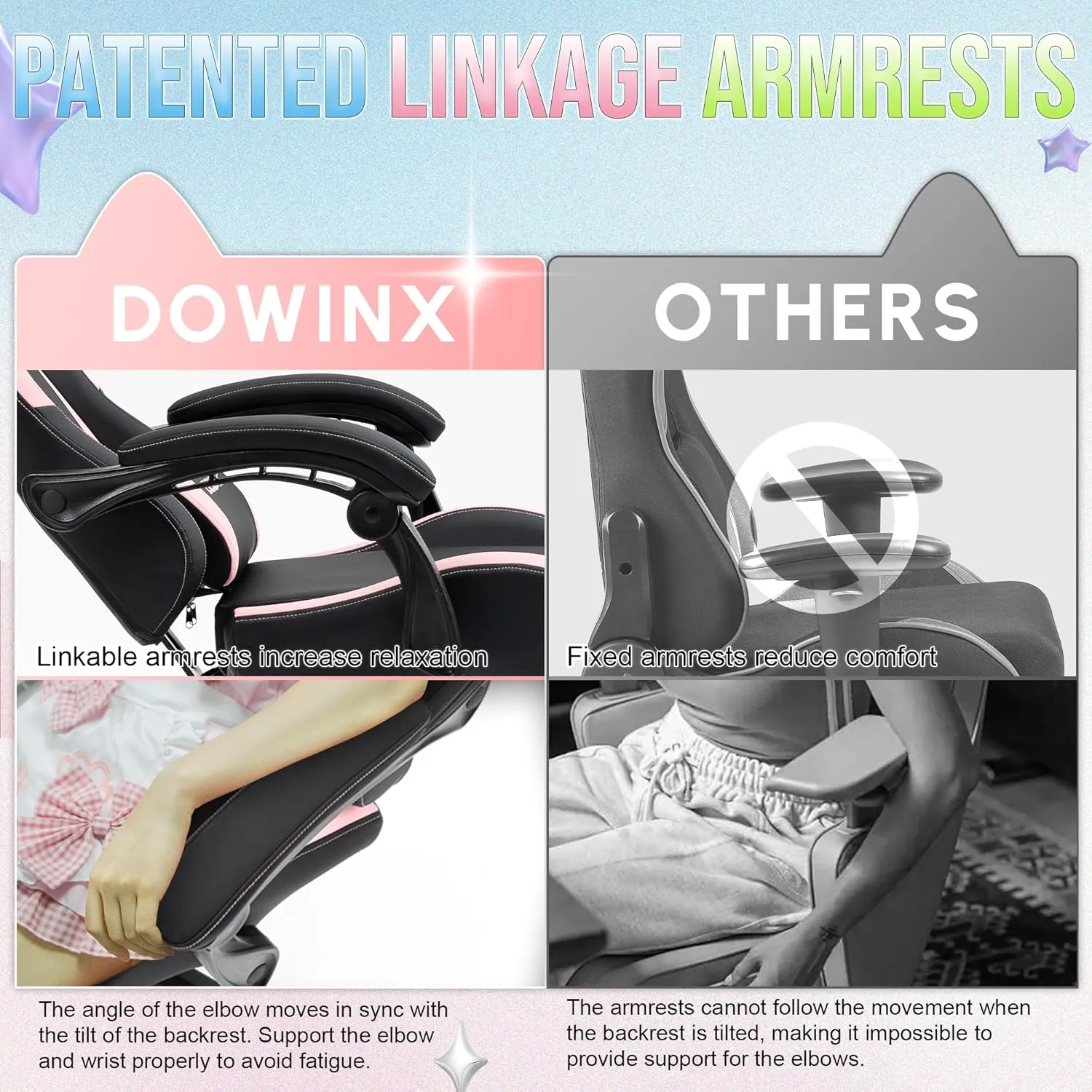 Dowinx Gaming Chair Cute with Cat Ears and Massage Lumbar Support, Ergonomic Computer Chair for Girl with Footrest and Headrest, Comfortable Reclining Game Chair 290lbs for Adult, Teen, Black Cat