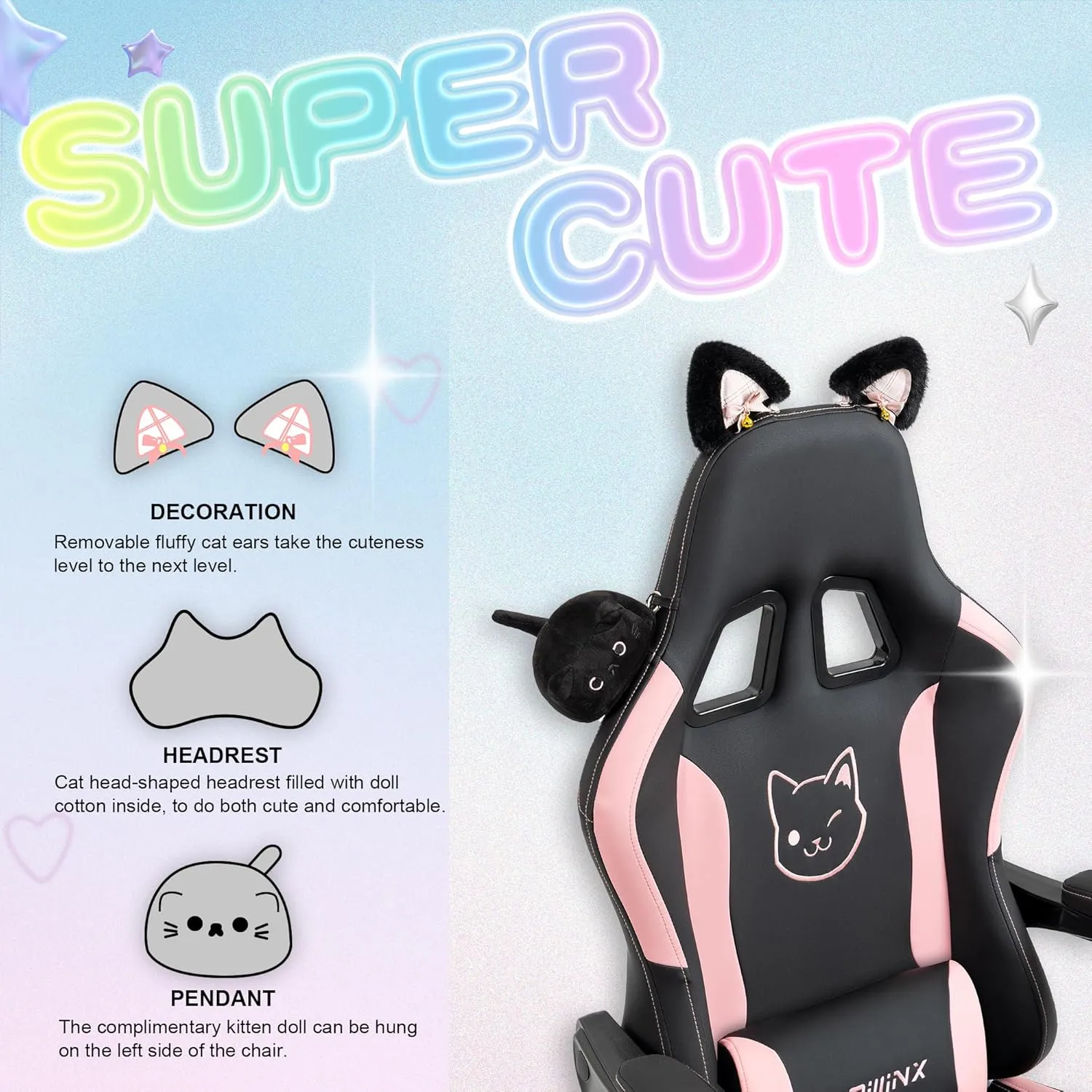 Dowinx Gaming Chair Cute with Cat Ears and Massage Lumbar Support, Ergonomic Computer Chair for Girl with Footrest and Headrest, Comfortable Reclining Game Chair 290lbs for Adult, Teen, Black Cat