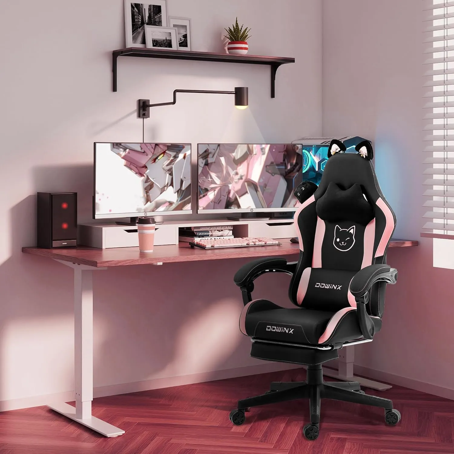 Dowinx Gaming Chair Cute with Cat Ears and Massage Lumbar Support, Ergonomic Computer Chair for Girl with Footrest and Headrest, Comfortable Reclining Game Chair 290lbs for Adult, Teen, Black Cat