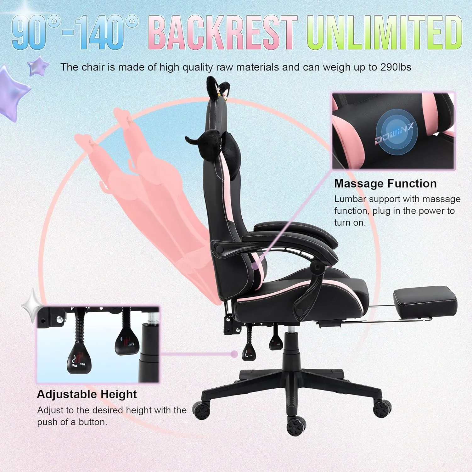 Dowinx Gaming Chair Cute with Cat Ears and Massage Lumbar Support, Ergonomic Computer Chair for Girl with Footrest and Headrest, Comfortable Reclining Game Chair 290lbs for Adult, Teen, Black Cat
