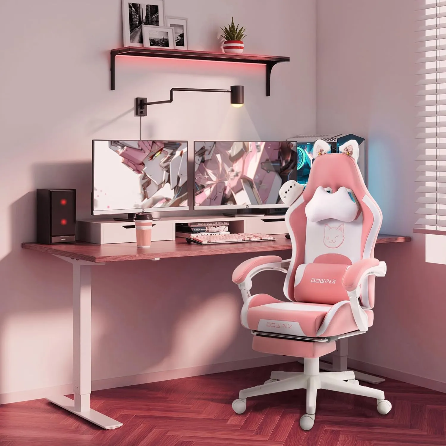 Dowinx Gaming Chair Cute with Cat Ears and Massage Lumbar Support, Ergonomic Computer Chair for Girl with Footrest and Headrest, Comfortable Reclining Game Chair 290lbs for Adult, Teen, Pink Cat