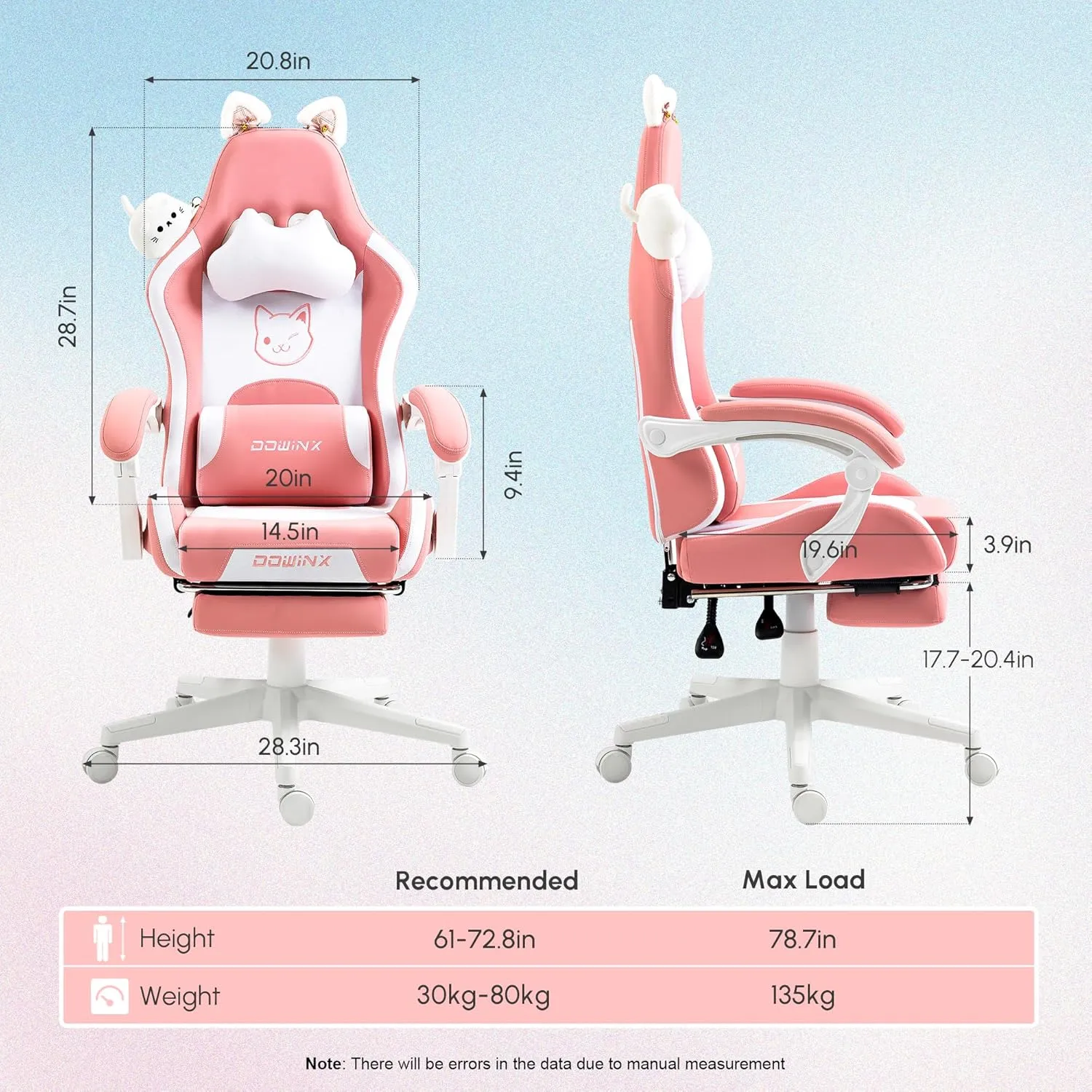 Dowinx Gaming Chair Cute with Cat Ears and Massage Lumbar Support, Ergonomic Computer Chair for Girl with Footrest and Headrest, Comfortable Reclining Game Chair 290lbs for Adult, Teen, Pink Cat