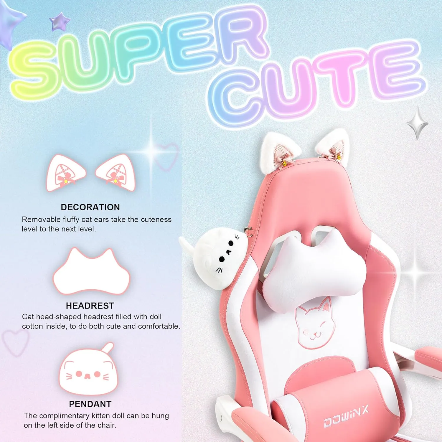 Dowinx Gaming Chair Cute with Cat Ears and Massage Lumbar Support, Ergonomic Computer Chair for Girl with Footrest and Headrest, Comfortable Reclining Game Chair 290lbs for Adult, Teen, Pink Cat