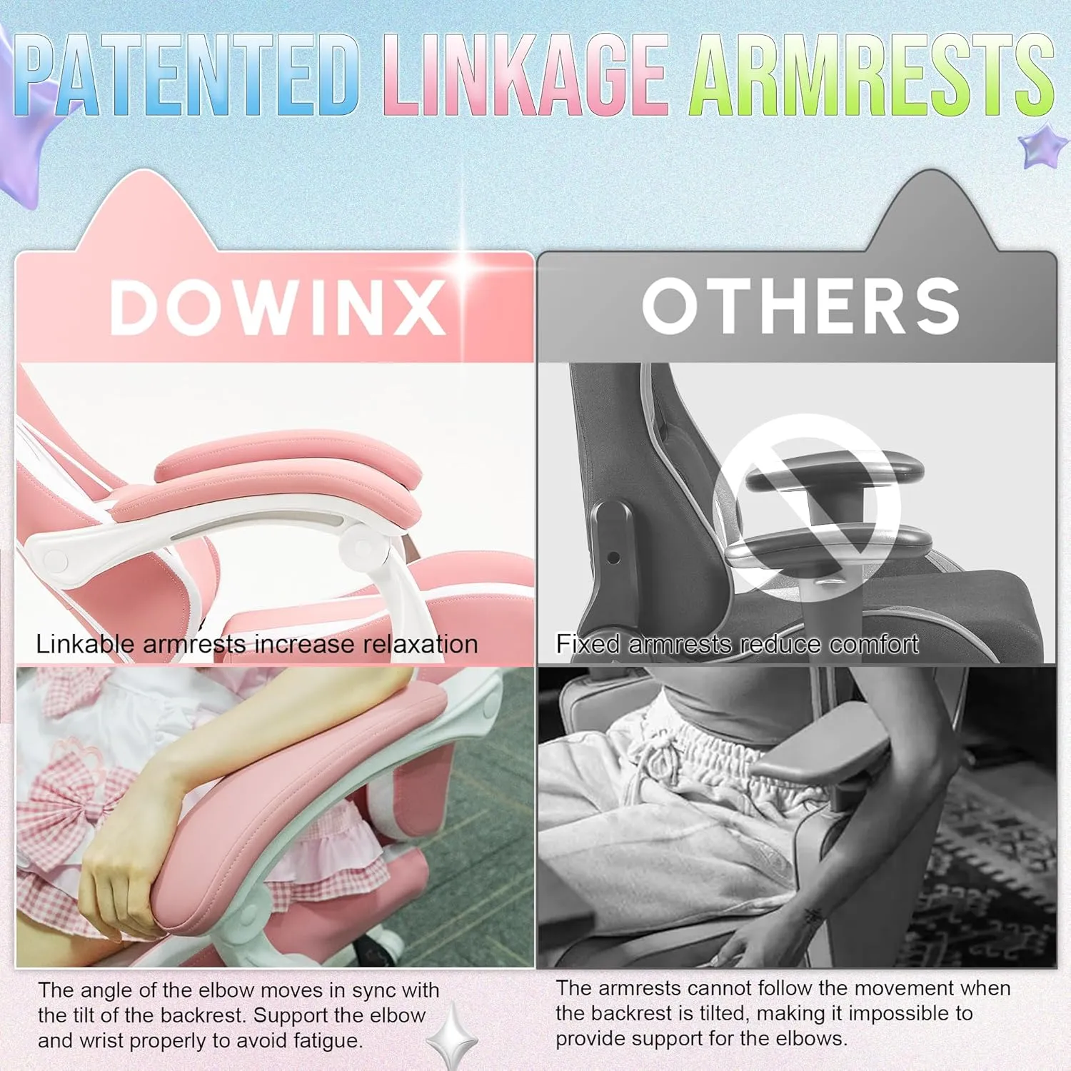 Dowinx Gaming Chair Cute with Cat Ears and Massage Lumbar Support, Ergonomic Computer Chair for Girl with Footrest and Headrest, Comfortable Reclining Game Chair 290lbs for Adult, Teen, Pink Cat