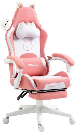 Dowinx Gaming Chair Cute with Cat Ears and Massage Lumbar Support, Ergonomic Computer Chair for Girl with Footrest and Headrest, Comfortable Reclining Game Chair 290lbs for Adult, Teen, Pink Cat