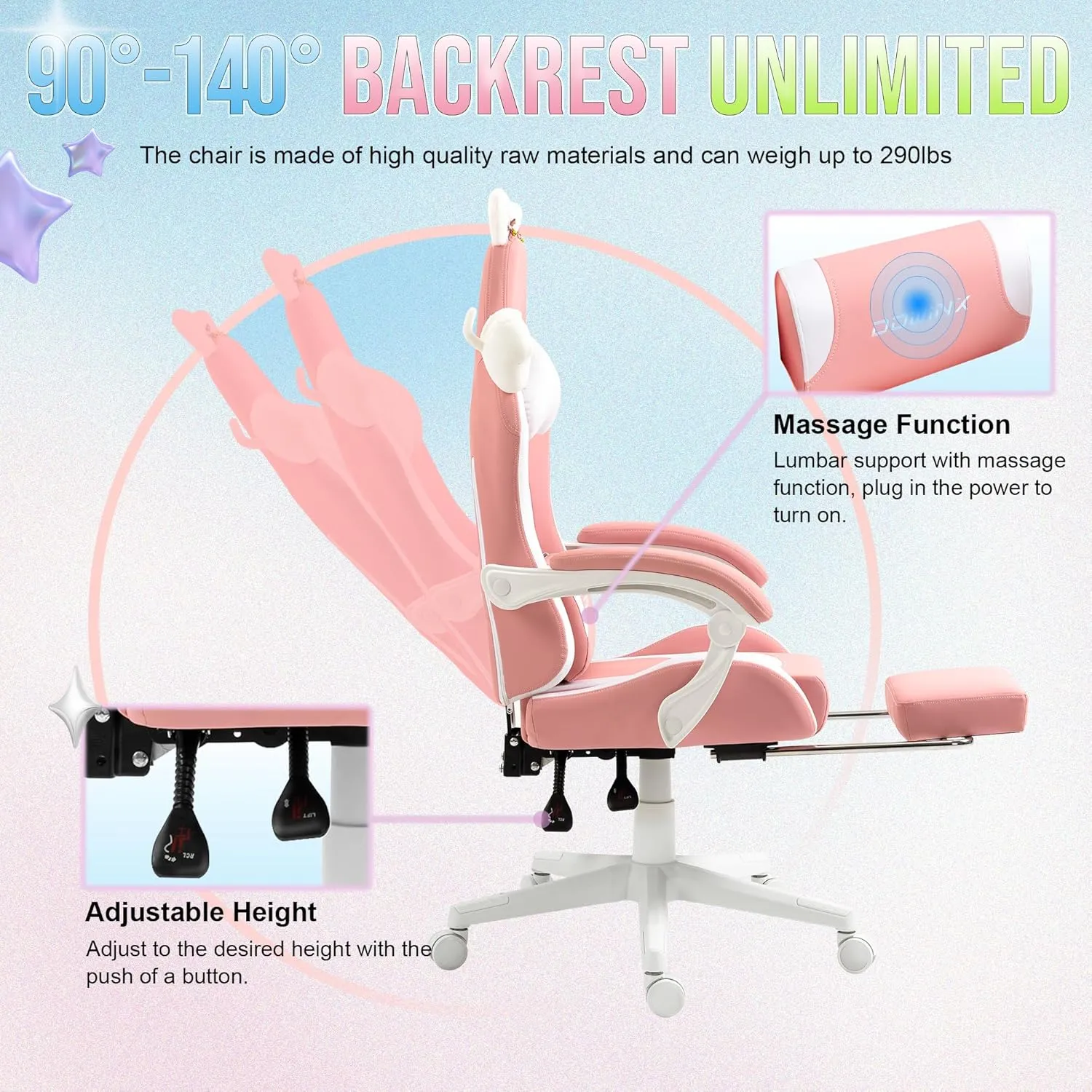 Dowinx Gaming Chair Cute with Cat Ears and Massage Lumbar Support, Ergonomic Computer Chair for Girl with Footrest and Headrest, Comfortable Reclining Game Chair 290lbs for Adult, Teen, Pink Cat