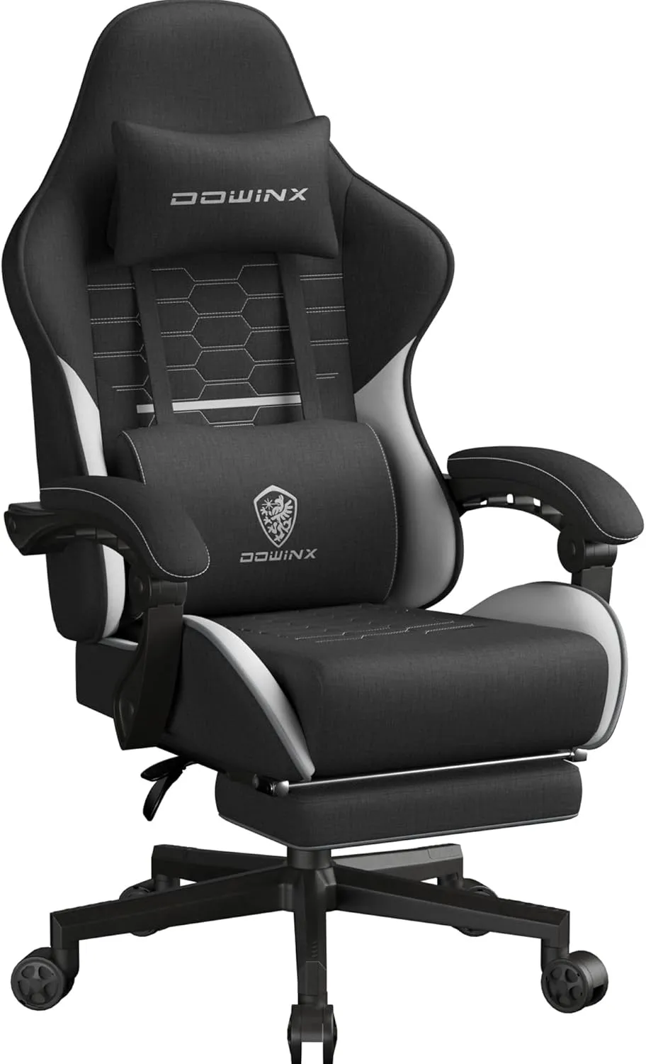 Dowinx Gaming Chair Fabric Big and Tall with Pocket Spring Cushion, Massage Game Chair Cloth with Headrest, Ergonomic Computer Chair with Footrest 350LBS, Black White