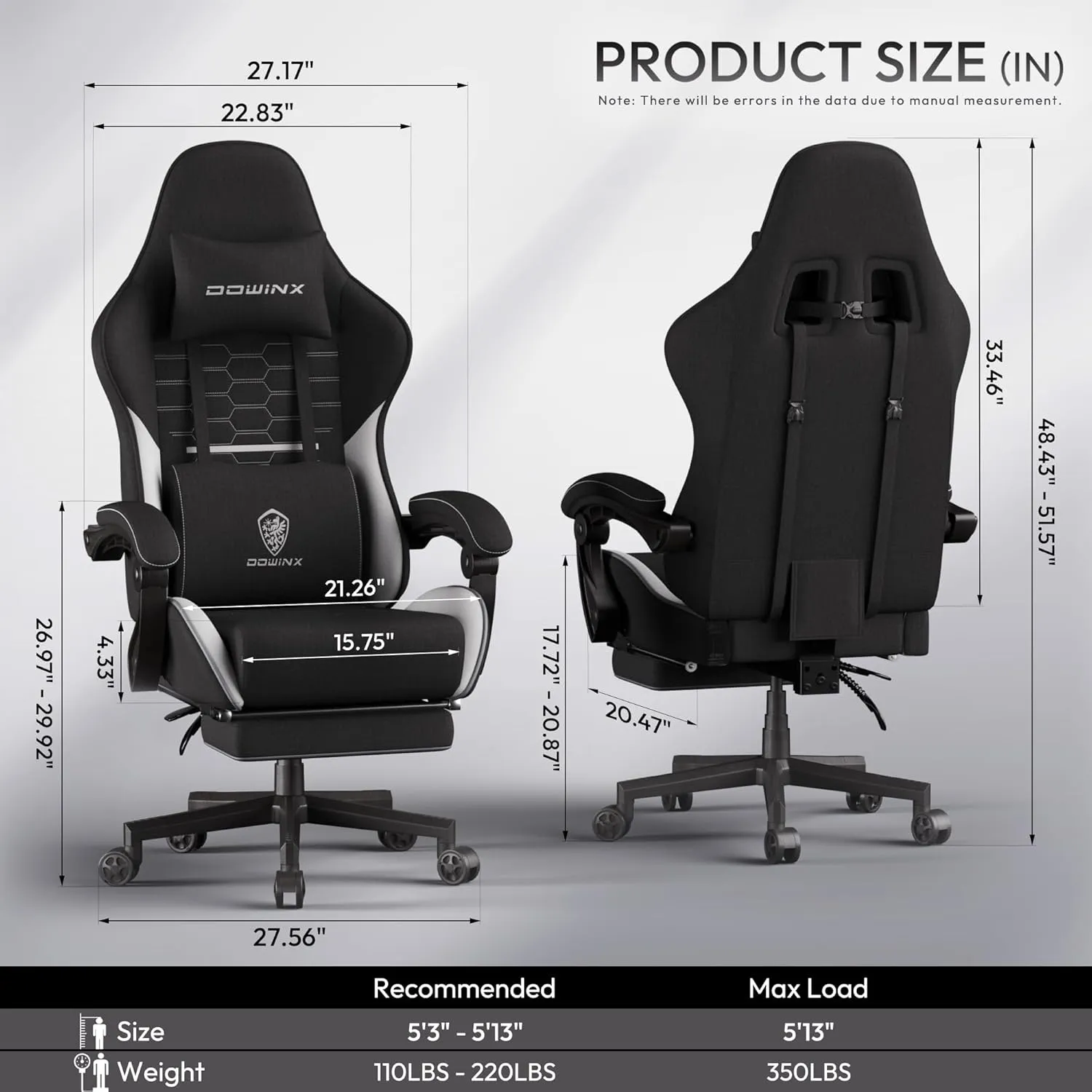 Dowinx Gaming Chair Fabric Big and Tall with Pocket Spring Cushion, Massage Game Chair Cloth with Headrest, Ergonomic Computer Chair with Footrest 350LBS, Black White