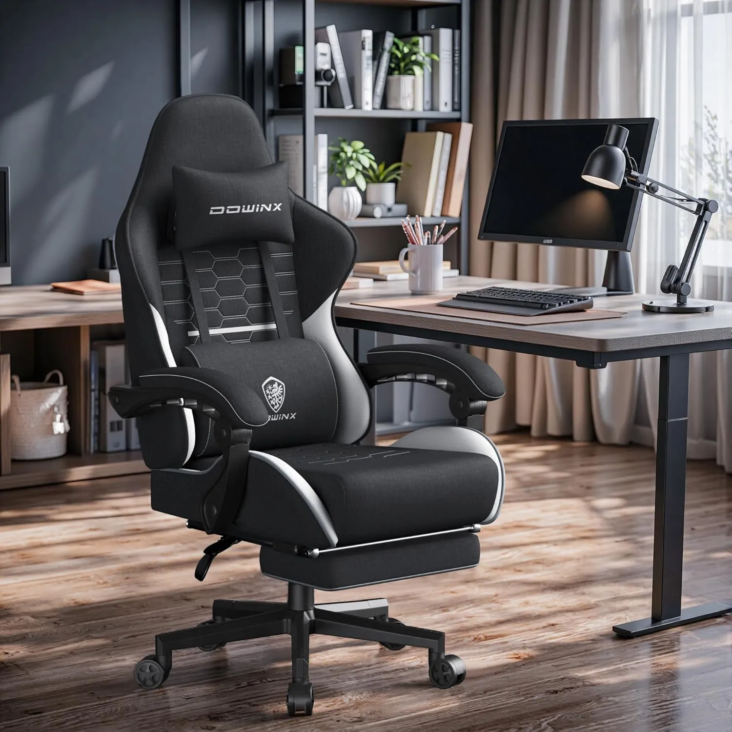 Dowinx Gaming Chair Fabric Big and Tall with Pocket Spring Cushion, Massage Game Chair Cloth with Headrest, Ergonomic Computer Chair with Footrest 350LBS, Black White