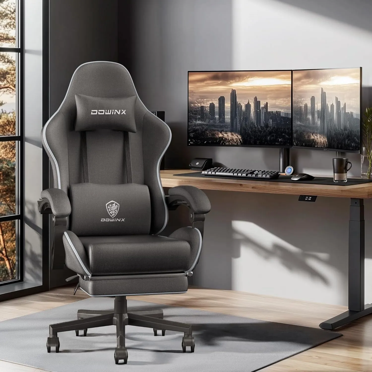 Dowinx Gaming Chair Fabric with Coil Spring Cushion, Ergonomic Game Chair for Adults with Footrest and Massage Lumbar Support, Cloth Computer Office Chair 290LBS, Black