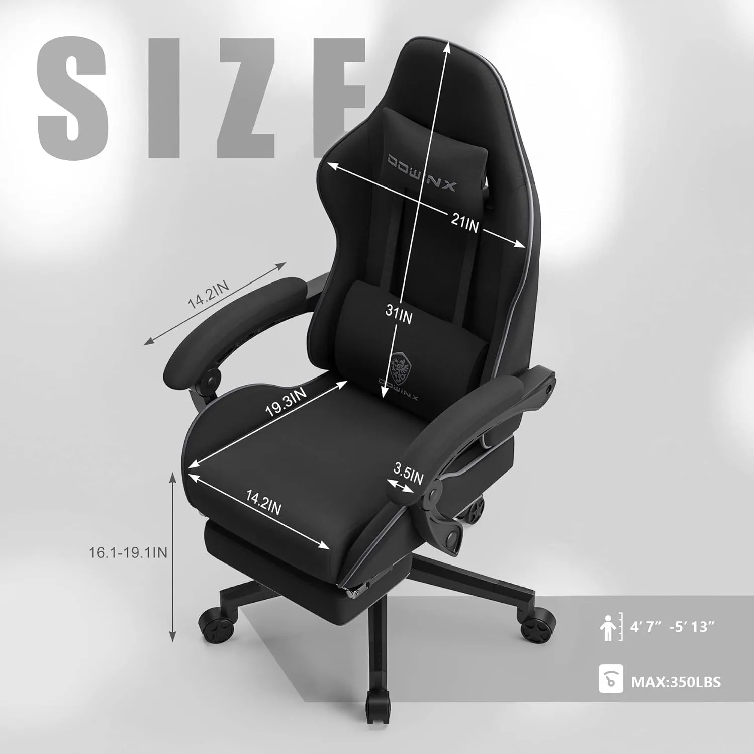 Dowinx Gaming Chair Fabric with Coil Spring Cushion, Ergonomic Game Chair for Adults with Footrest and Massage Lumbar Support, Cloth Computer Office Chair 290LBS, Black
