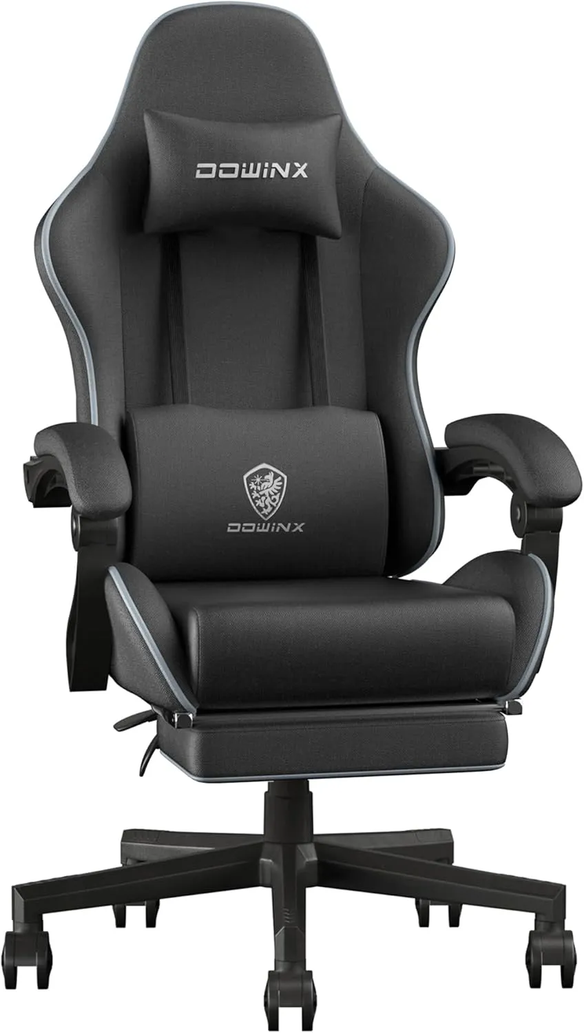Dowinx Gaming Chair Fabric with Coil Spring Cushion, Ergonomic Game Chair for Adults with Footrest and Massage Lumbar Support, Cloth Computer Office Chair 290LBS, Black