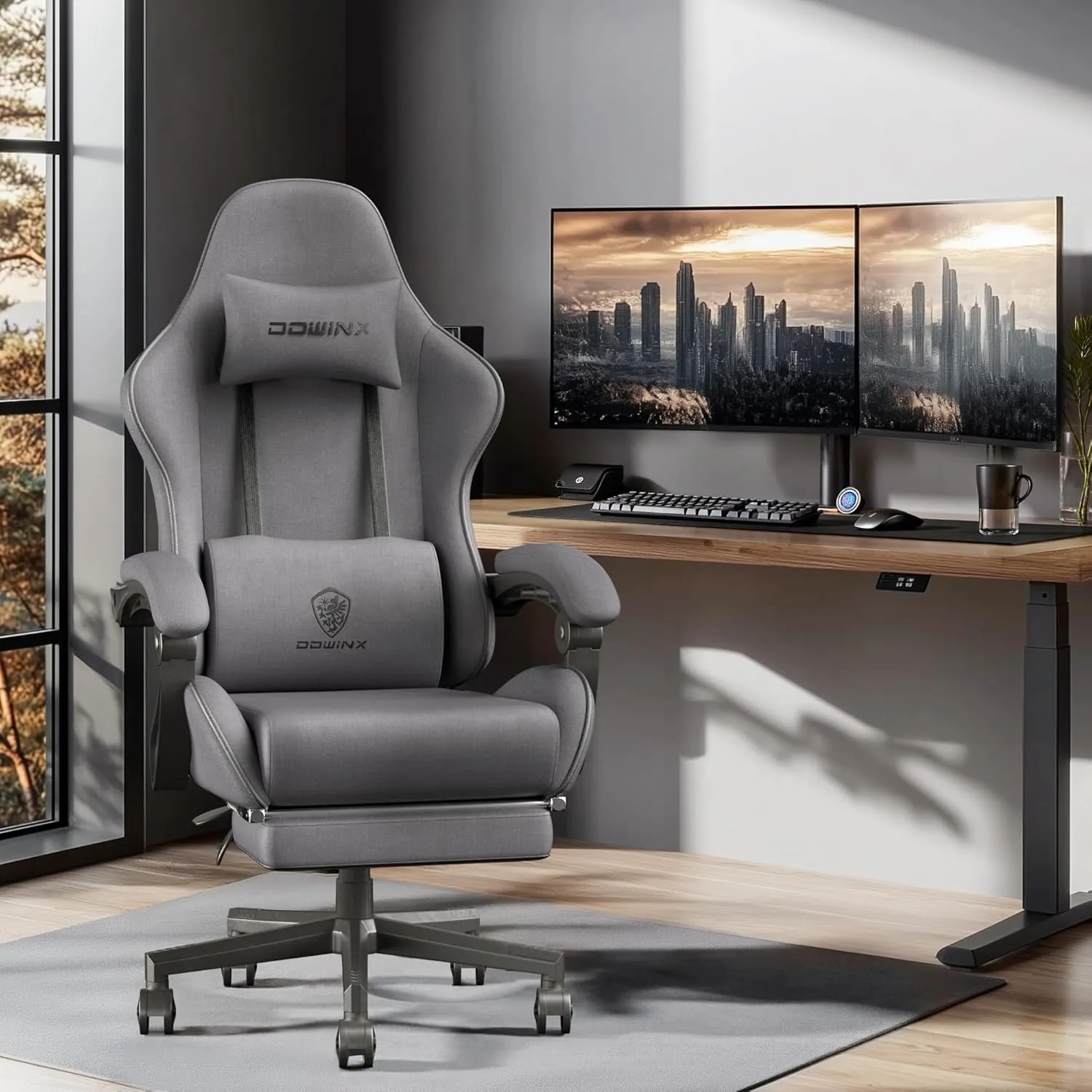 Dowinx Gaming Chair Fabric with Coil Spring Cushion, Ergonomic Game Chair for Adults with Footrest and Massage Lumbar Support, Cloth Computer Office Chair 290LBS, Grey