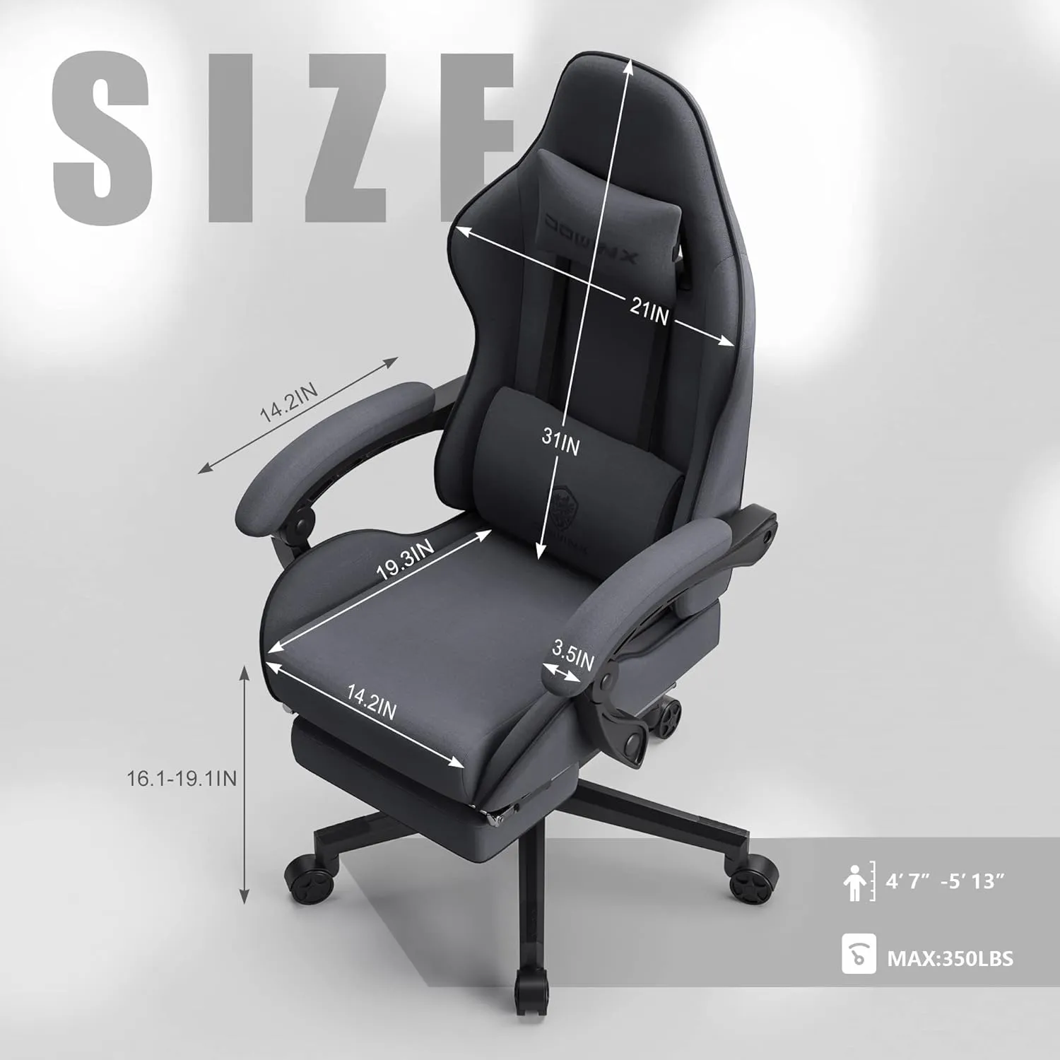Dowinx Gaming Chair Fabric with Coil Spring Cushion, Ergonomic Game Chair for Adults with Footrest and Massage Lumbar Support, Cloth Computer Office Chair 290LBS, Grey