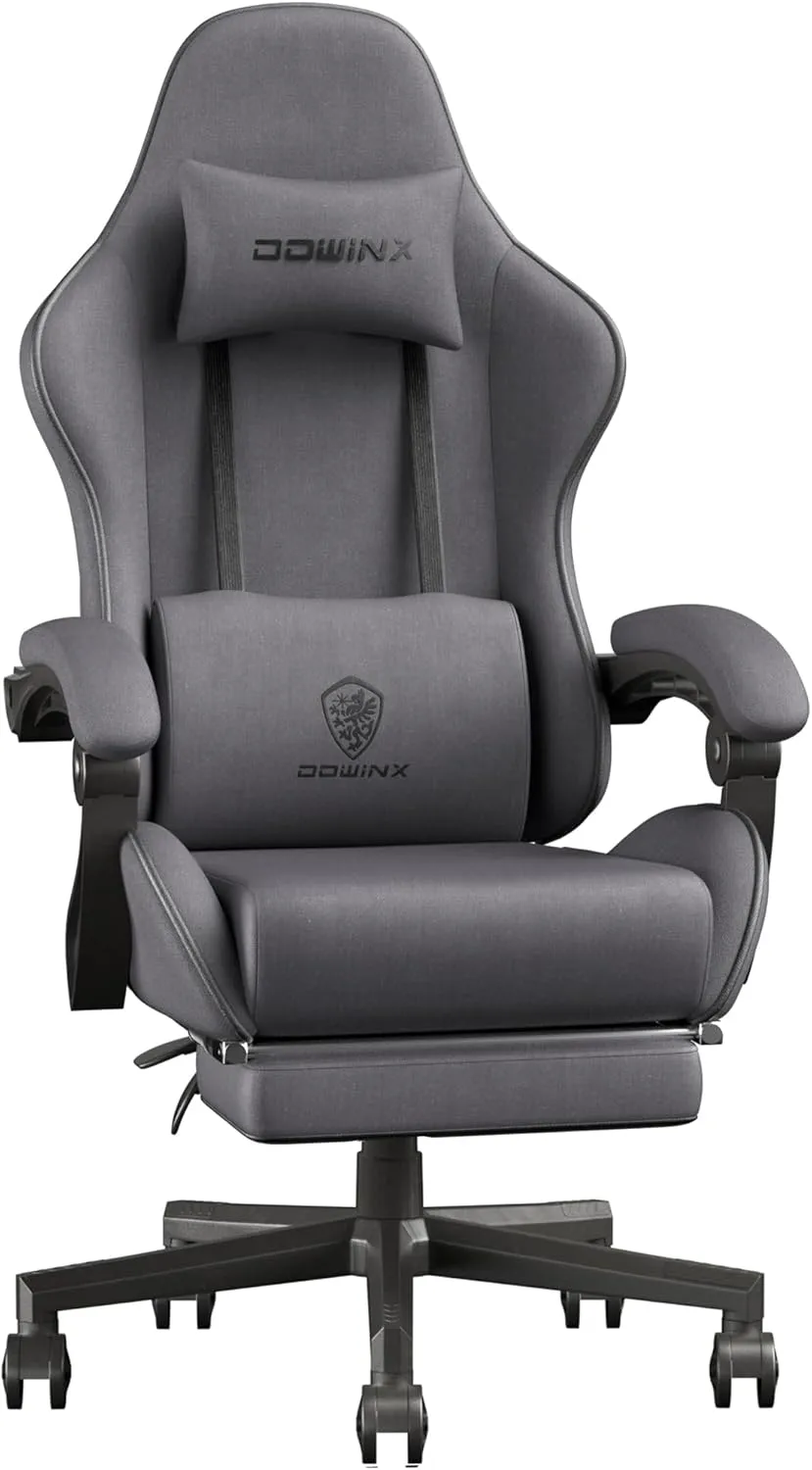 Dowinx Gaming Chair Fabric with Coil Spring Cushion, Ergonomic Game Chair for Adults with Footrest and Massage Lumbar Support, Cloth Computer Office Chair 290LBS, Grey