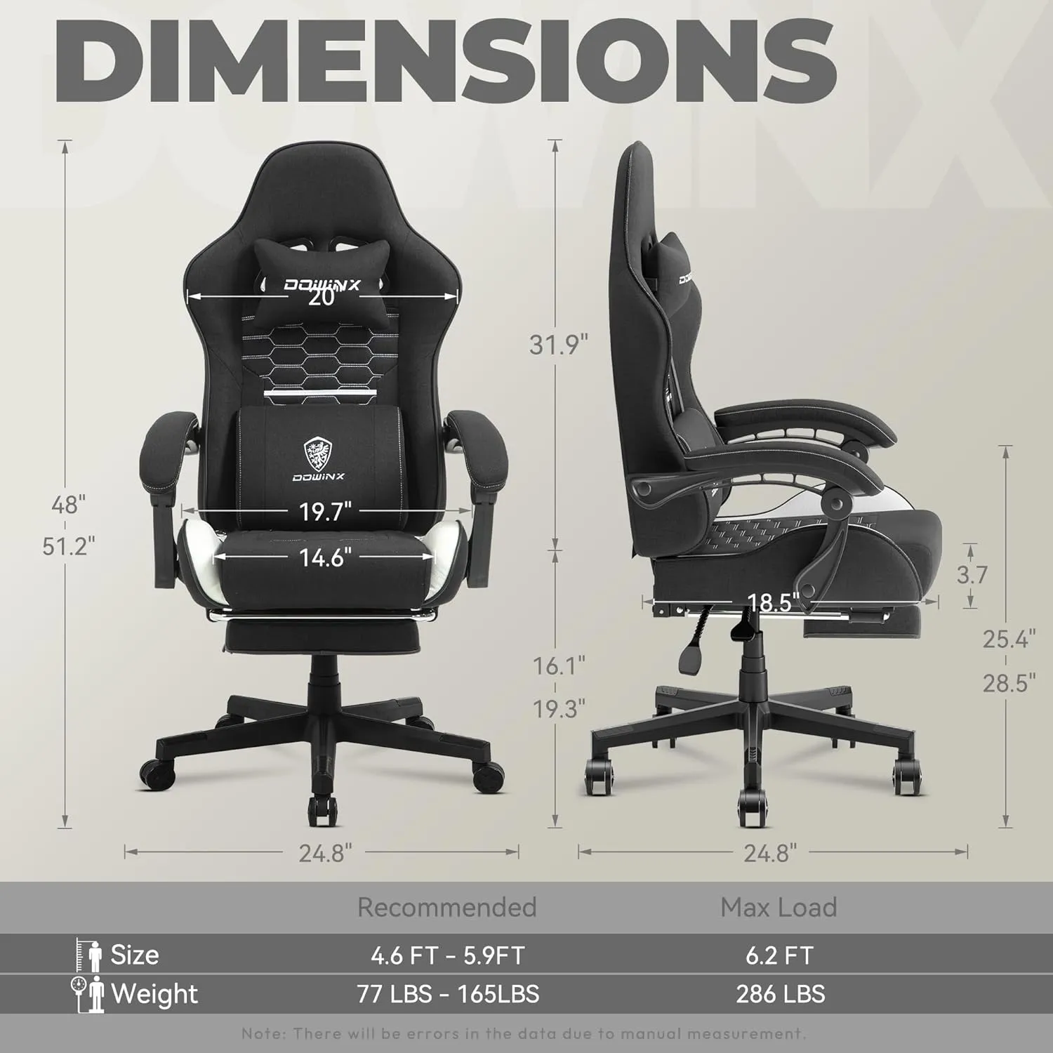 Dowinx Gaming Chair Fabric with Pocket Spring Cushion, Massage Game Chair Cloth with Headrest, Ergonomic Computer Chair with Footrest 290LBS, Black White