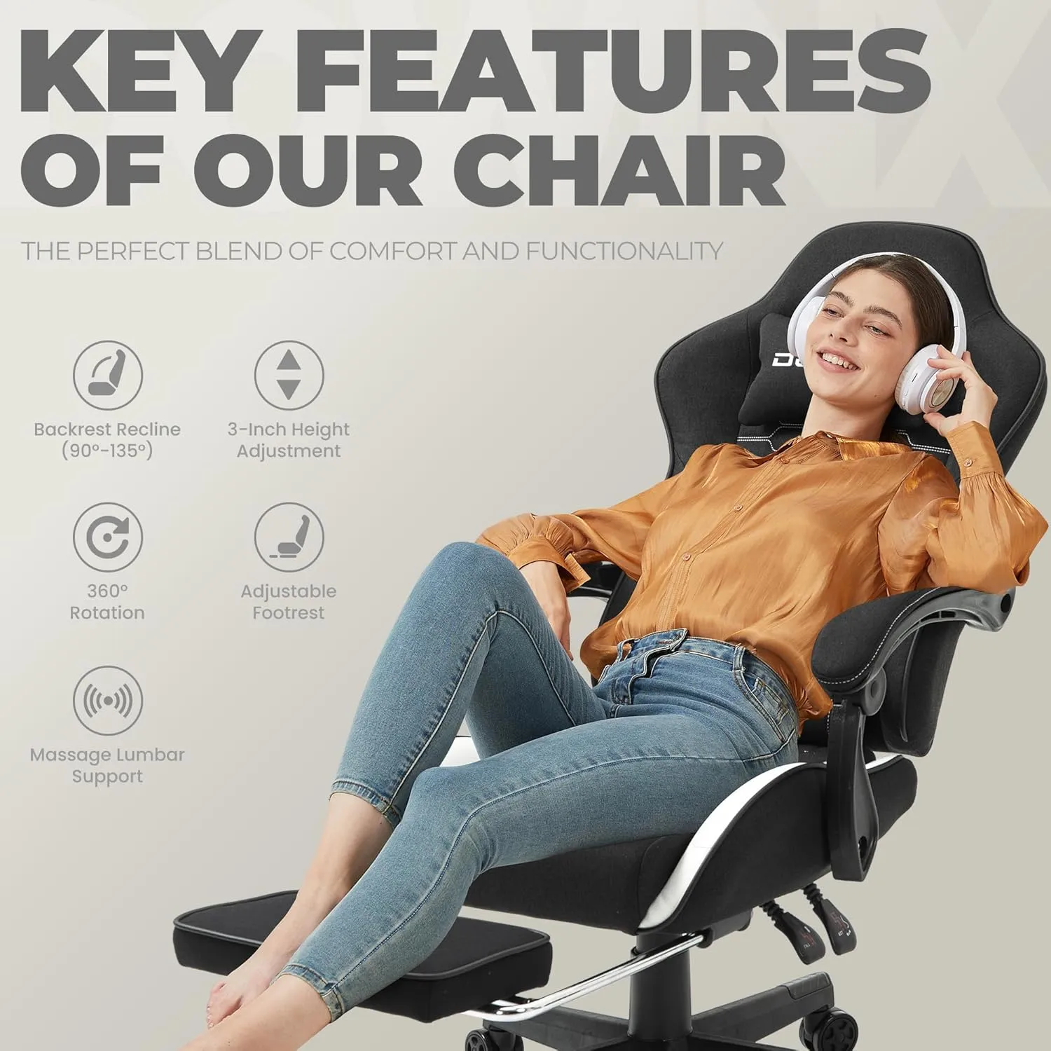 Dowinx Gaming Chair Fabric with Pocket Spring Cushion, Massage Game Chair Cloth with Headrest, Ergonomic Computer Chair with Footrest 290LBS, Black White