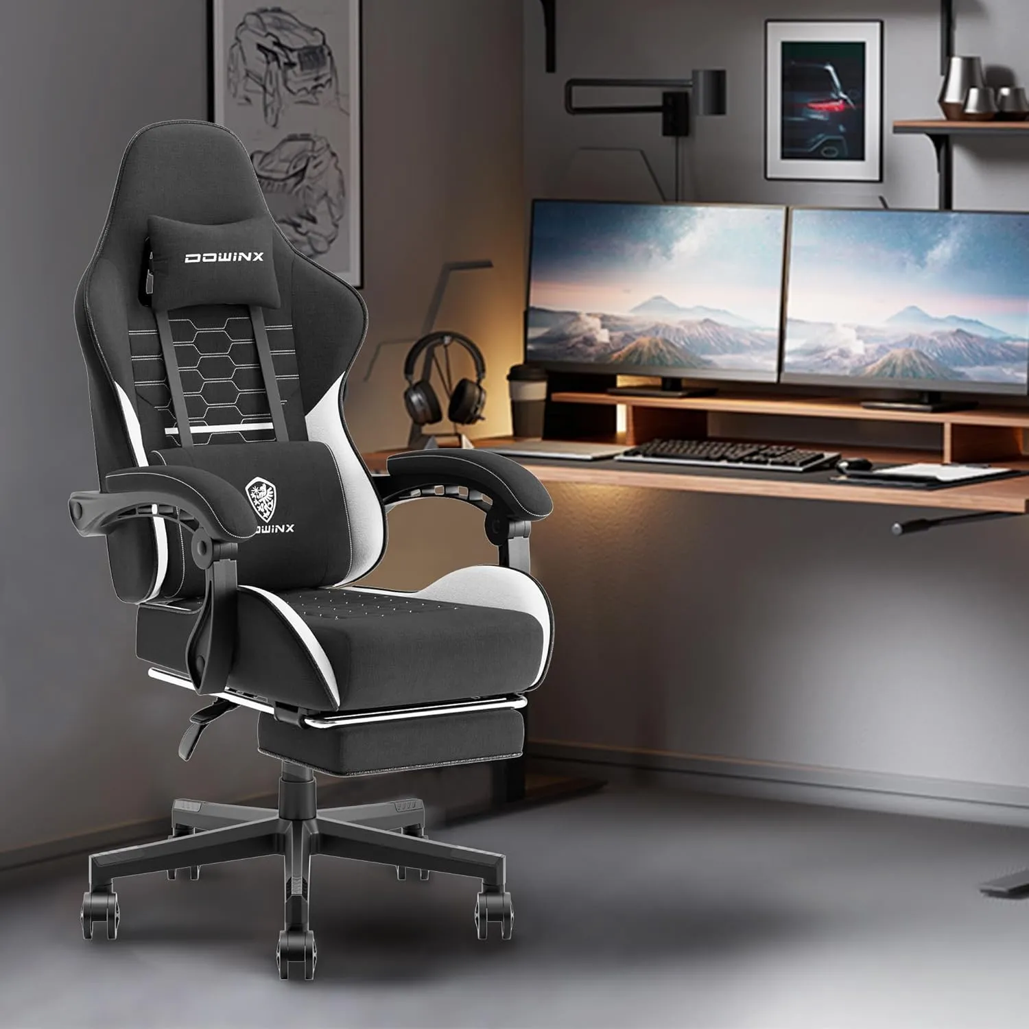 Dowinx Gaming Chair Fabric with Pocket Spring Cushion, Massage Game Chair Cloth with Headrest, Ergonomic Computer Chair with Footrest 290LBS, Black White