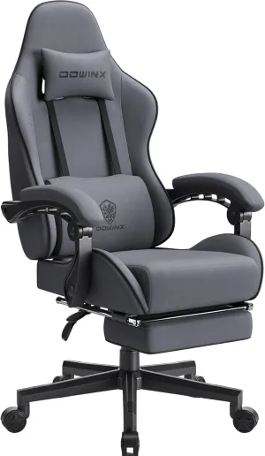 Dowinx Gaming Chair Fabric with Pocket Spring Cushion, Massage Game Chair Cloth with Headrest, Ergonomic Computer Chair with Footrest 290LBS, Grey