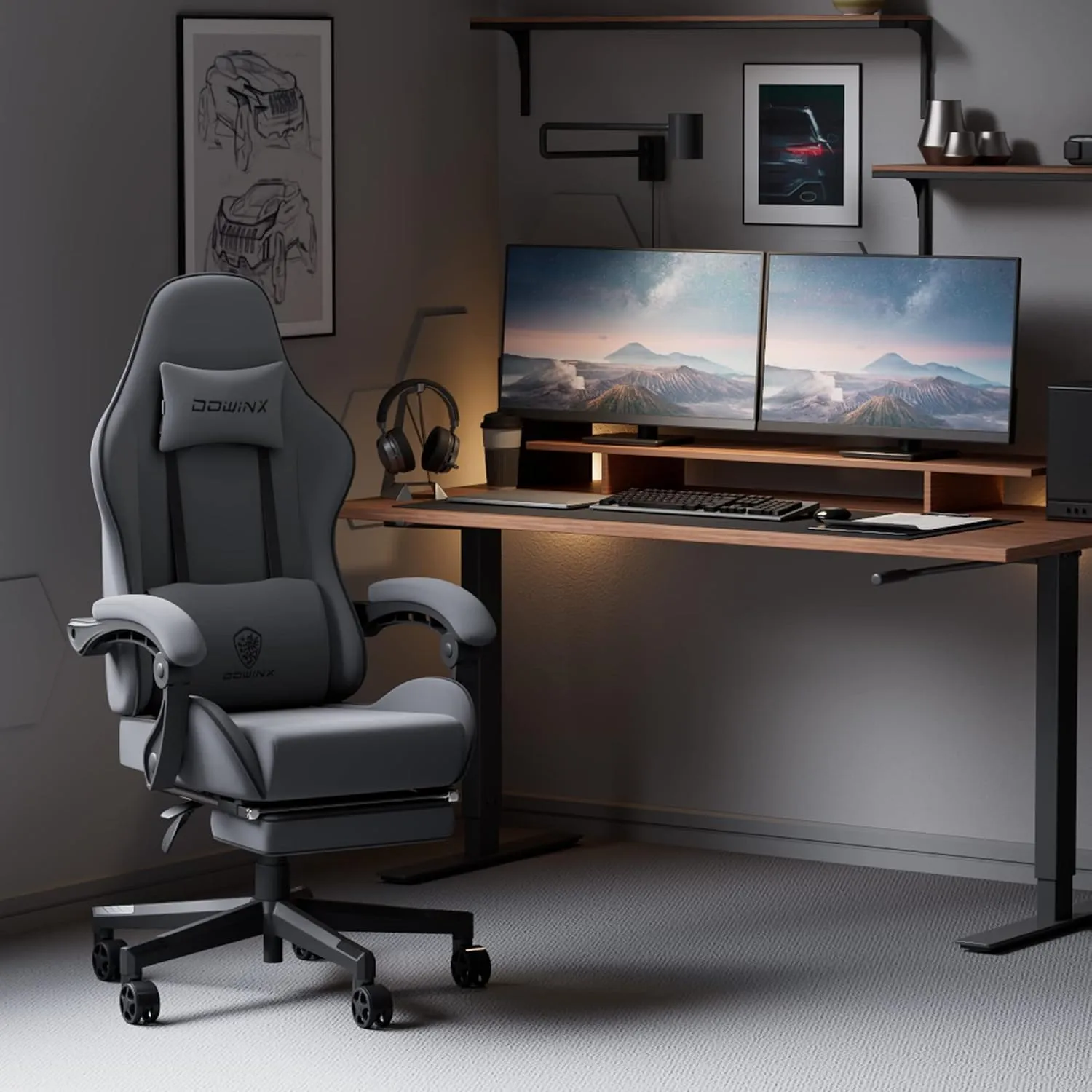 Dowinx Gaming Chair Fabric with Pocket Spring Cushion, Massage Game Chair Cloth with Headrest, Ergonomic Computer Chair with Footrest 290LBS, Grey