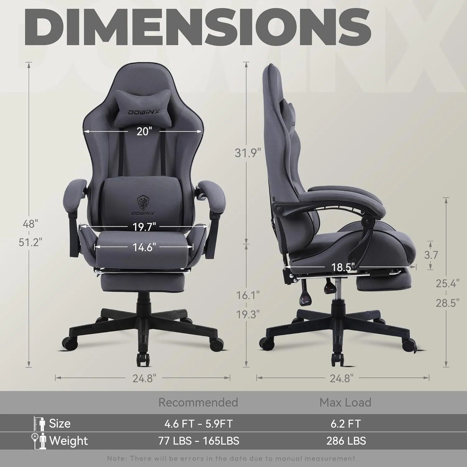 Dowinx Gaming Chair Fabric with Pocket Spring Cushion, Massage Game Chair Cloth with Headrest, Ergonomic Computer Chair with Footrest 290LBS, Grey