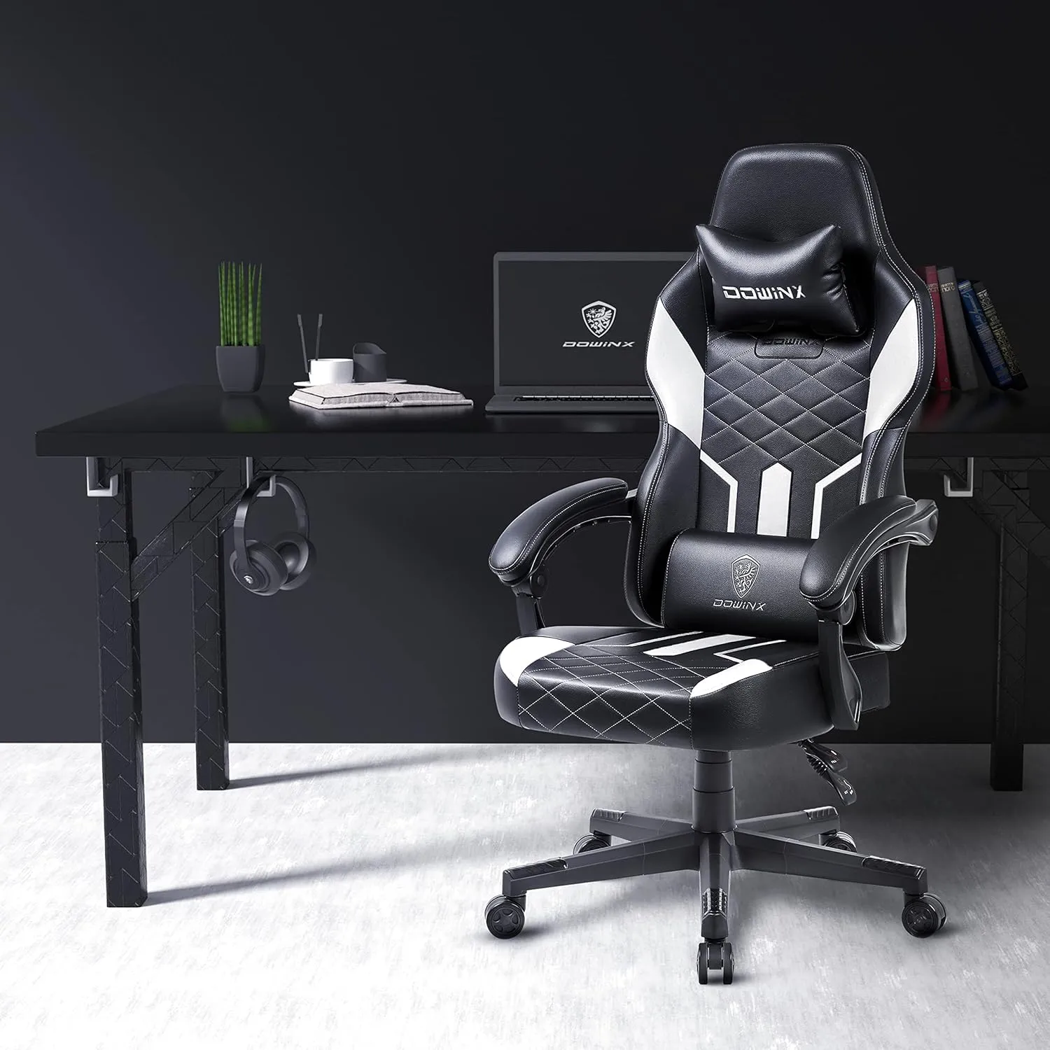 Dowinx Gaming Chair with Pocket Spring Cushion, Ergonomic Computer Chair High Back, Reclining Game Chair Pu Leather 350LBS, White