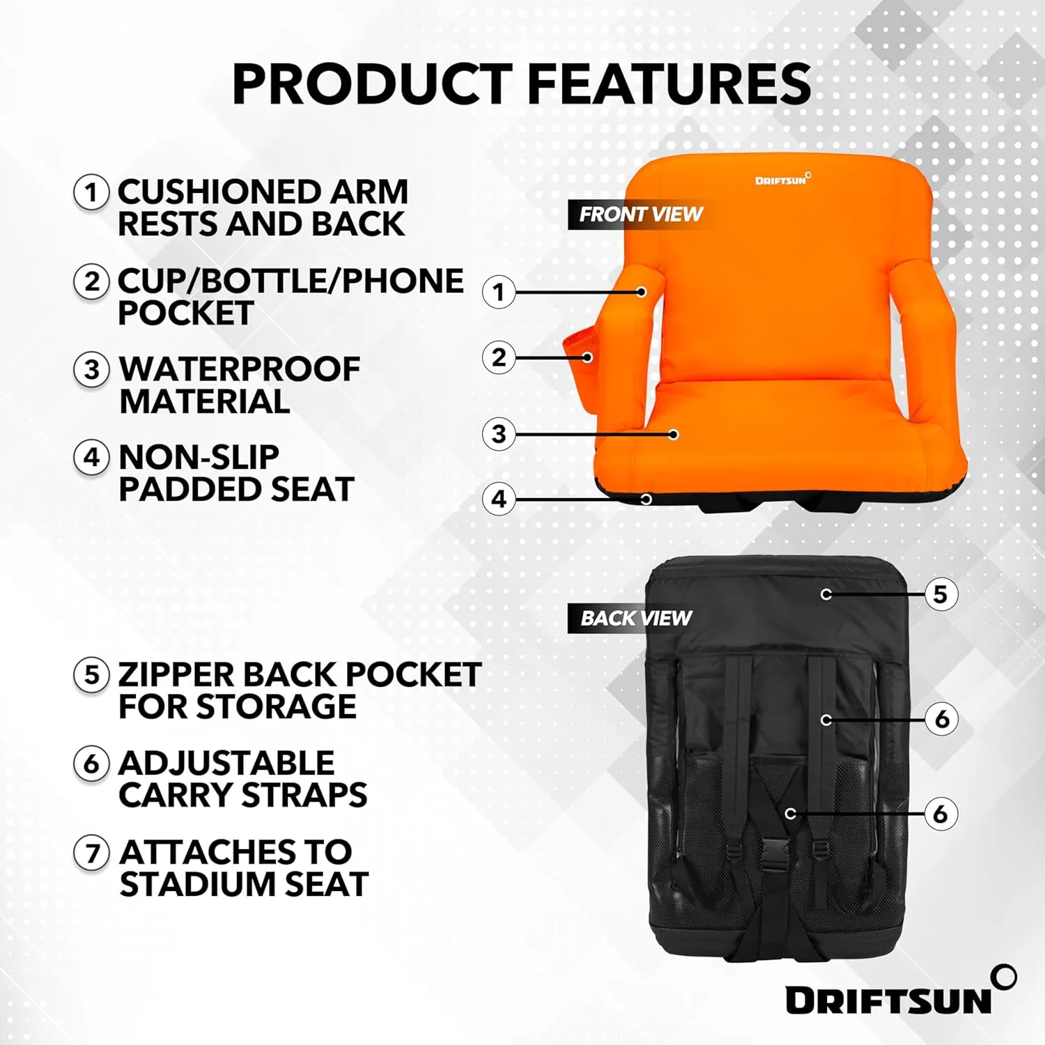 Driftsun Extra Wide Stadium Seats with Back Support - Deluxe Foldable Stadium Chairs for Bleachers - Folding Waterproof Sport Chair - Easy to Transport