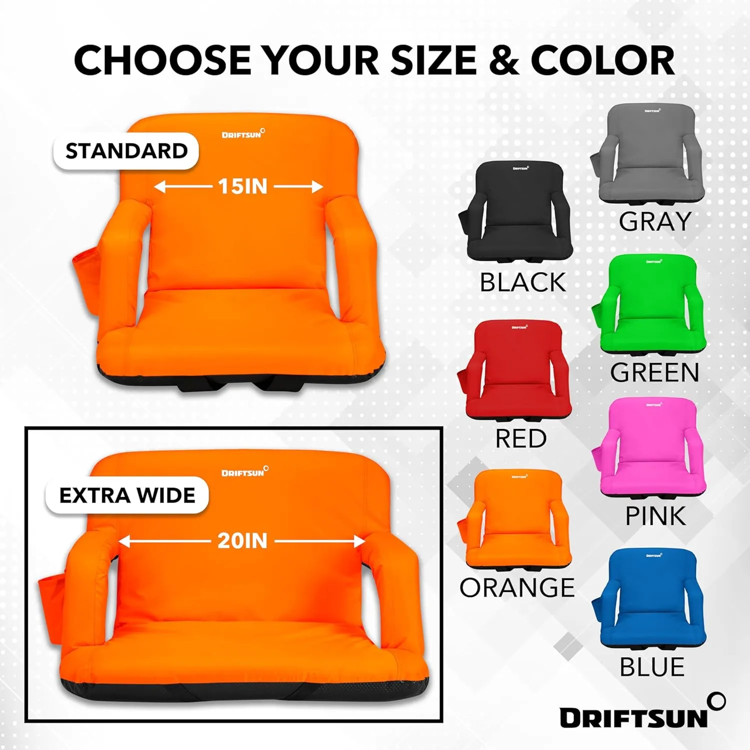 Driftsun Extra Wide Stadium Seats with Back Support - Deluxe Foldable Stadium Chairs for Bleachers - Folding Waterproof Sport Chair - Easy to Transport