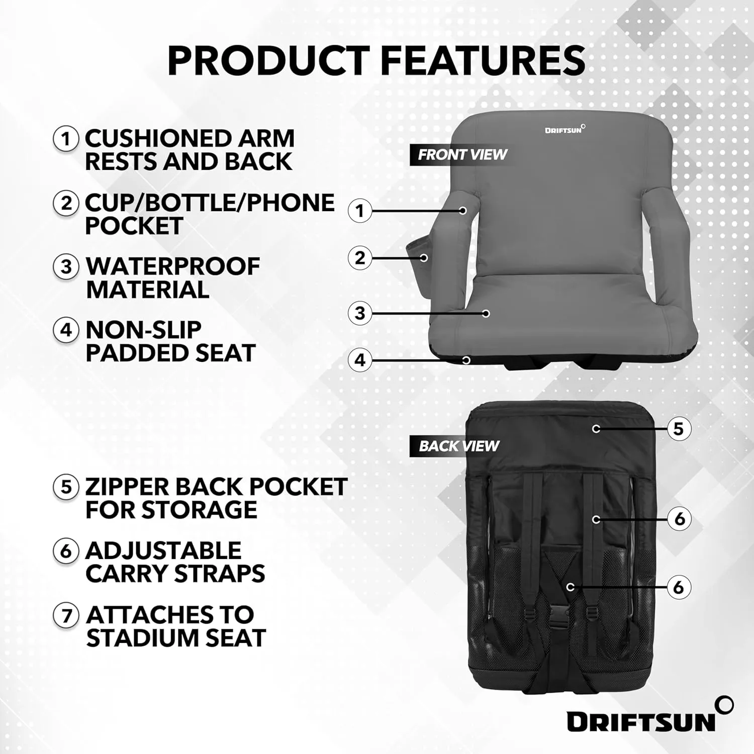 Driftsun Stadium Seats with Back Support, Deluxe Bleacher Chairs with Support Cushion, Padded Seats with Waterproof Chair